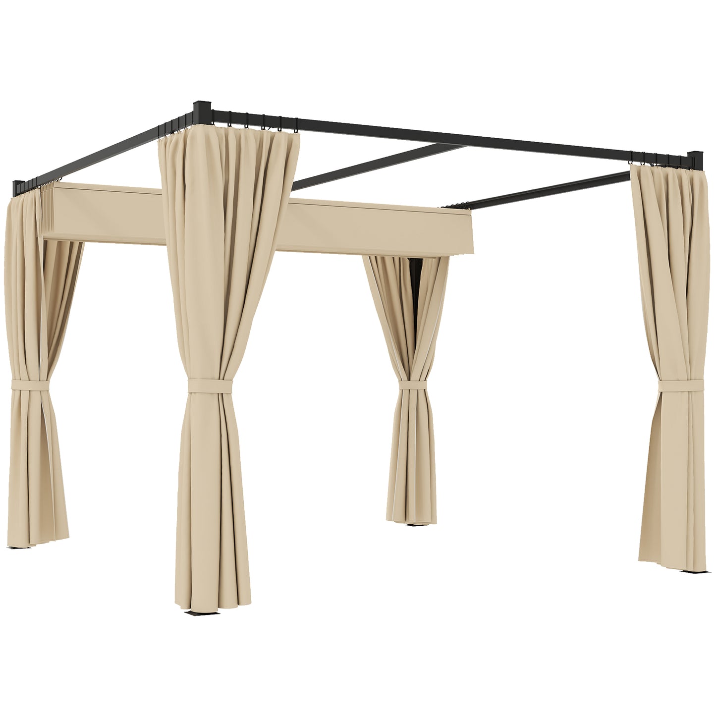 Outsunny 3 x 3(m) Retractable Pergola, Garden Gazebo Shelter with Curtains, for Grill, Patio, Deck, Beige