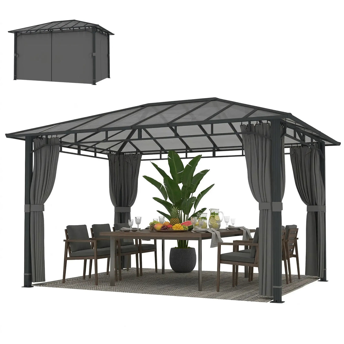 3m x 4m Hardtop Gazebo with 6mm Polycarbonate Roof, Aluminium Permanent Garden Pavilion with Curtains, Dark Grey Outdoor Patio Canopy for Sun, Rain...