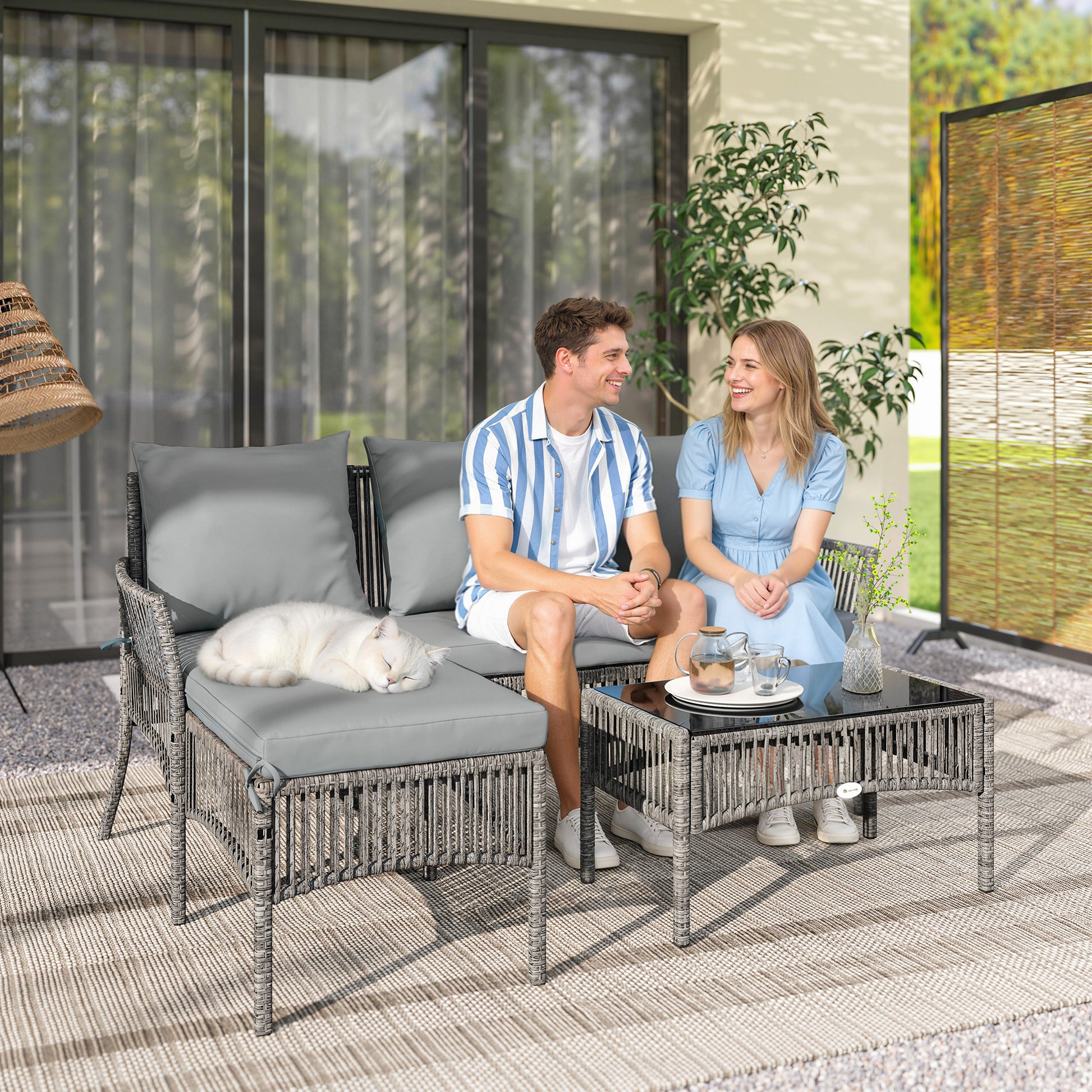 Riviera 3 Piece Rattan Garden Furniture Corner Sofa Set with Chaise Lounge, Loveseat, Glass Coffee Table