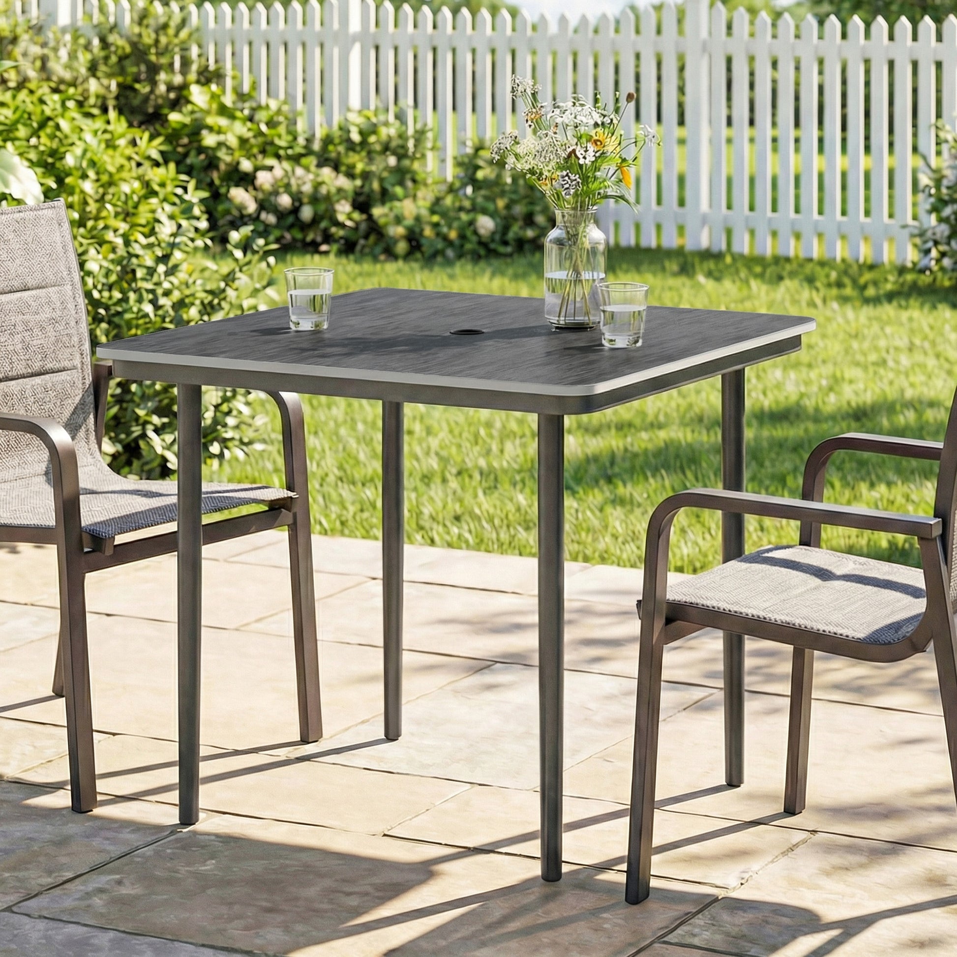 Amalfi Garden Dining Table for 4, 85 cm Square Garden Table with Umbrella Hole, Faux Wood Top, Metal Legs