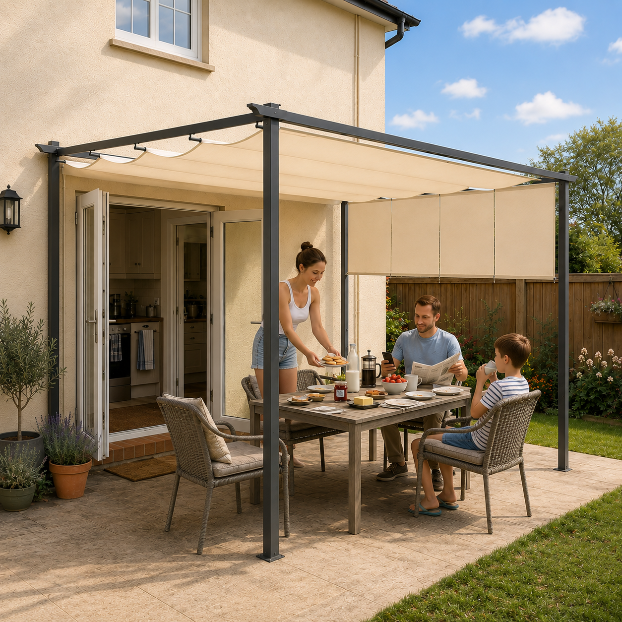 Mediterraneo 3 x 4m Metal Pergola with Retractable Roof and Roller Shade, Free Standing Gazebo Canopy Pergola Kit