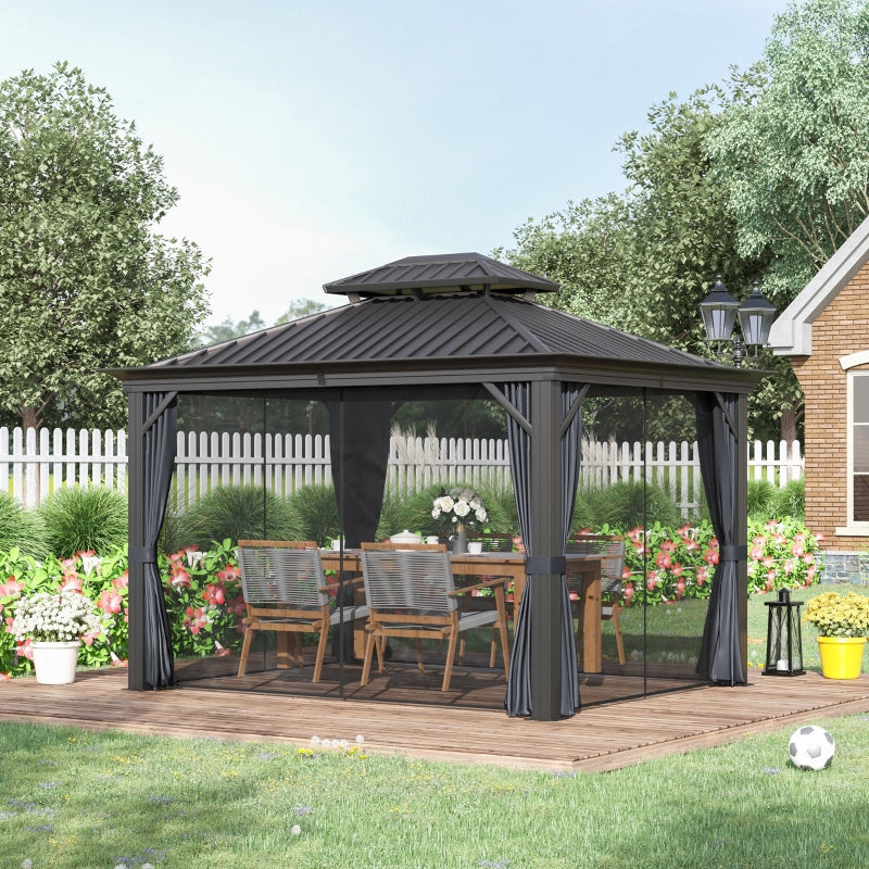 Grey 3.65m x 3m Premium Hardtop Gazebo with Double-Tier Roof, Aluminium Frame, Curtains & Removable Mesh Screens