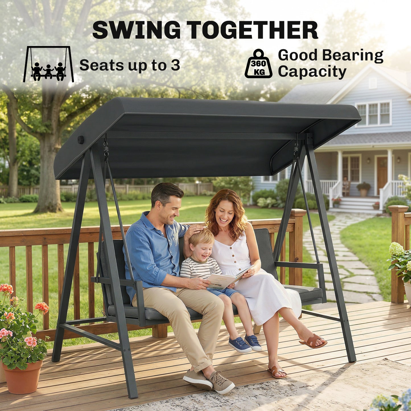 Outsunny Three-Seat Garden Swing Chair, with Adjustable Canopy - Dark Grey