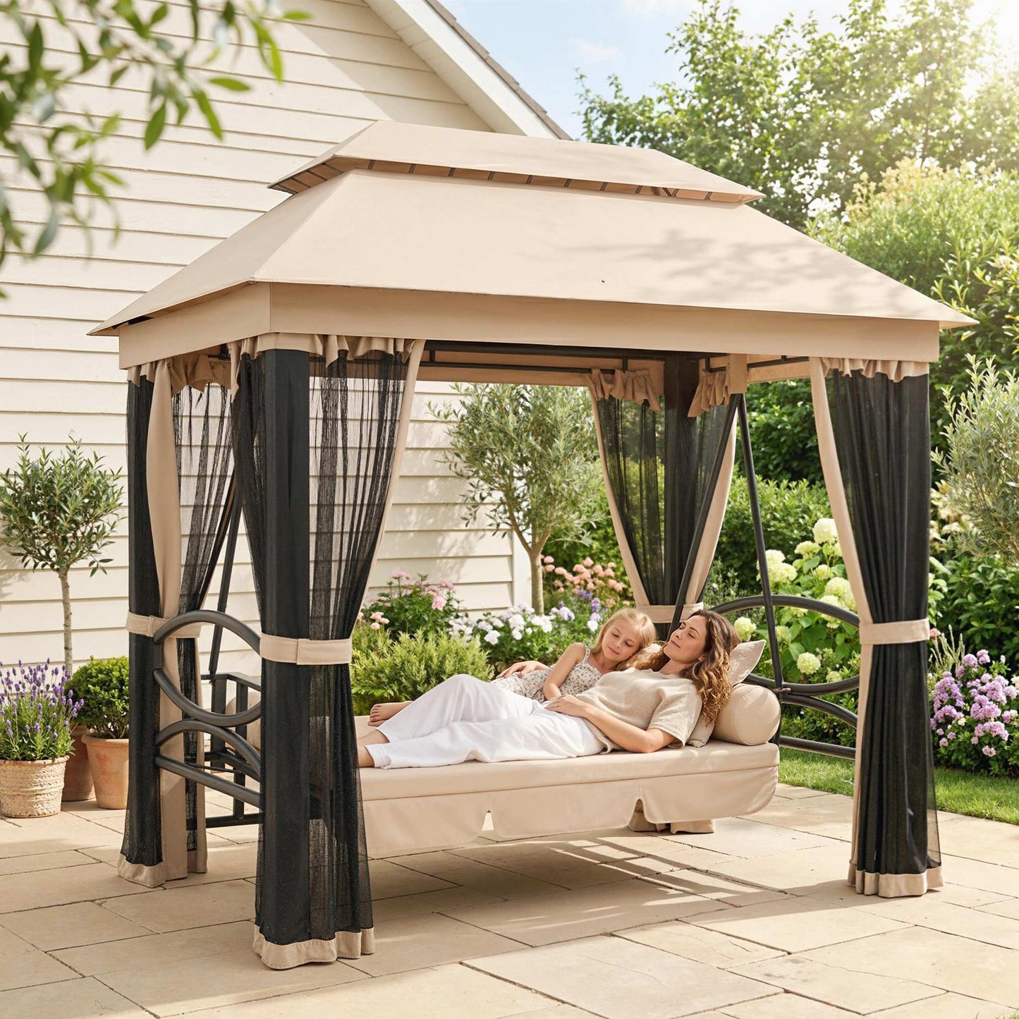 Outsunny 3 Seater Swing Chair 3-in-1 Convertible Garden Swing Seat Bed Gazebo Patio Bench Outdoor with Double Tier Canopy, Cushioned Seat, Mesh Sidewalls, Beige