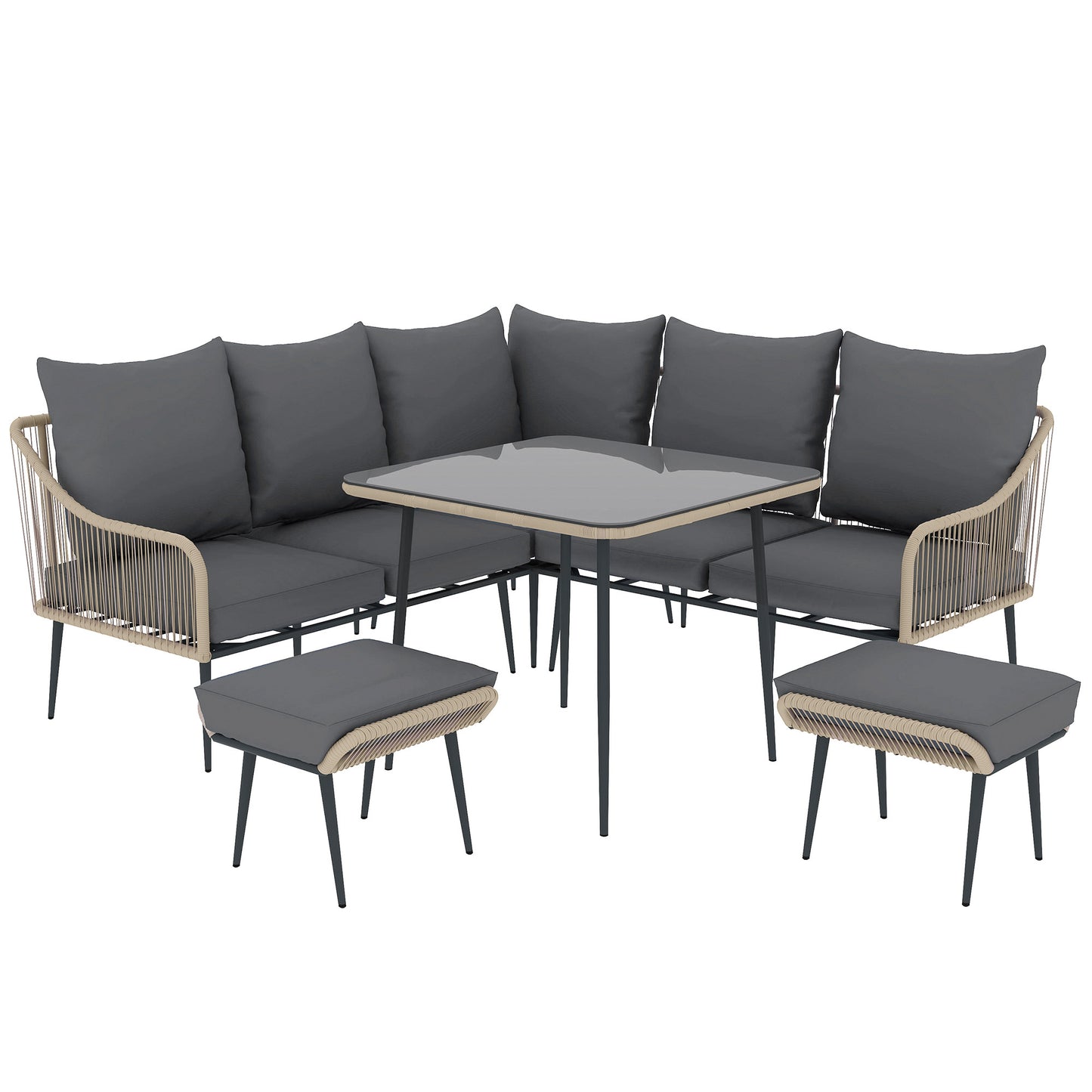 Outsunny Six-Piece Rattan Strong Garden Sofa Set with Tempered Glass-top Table - Brown/Grey