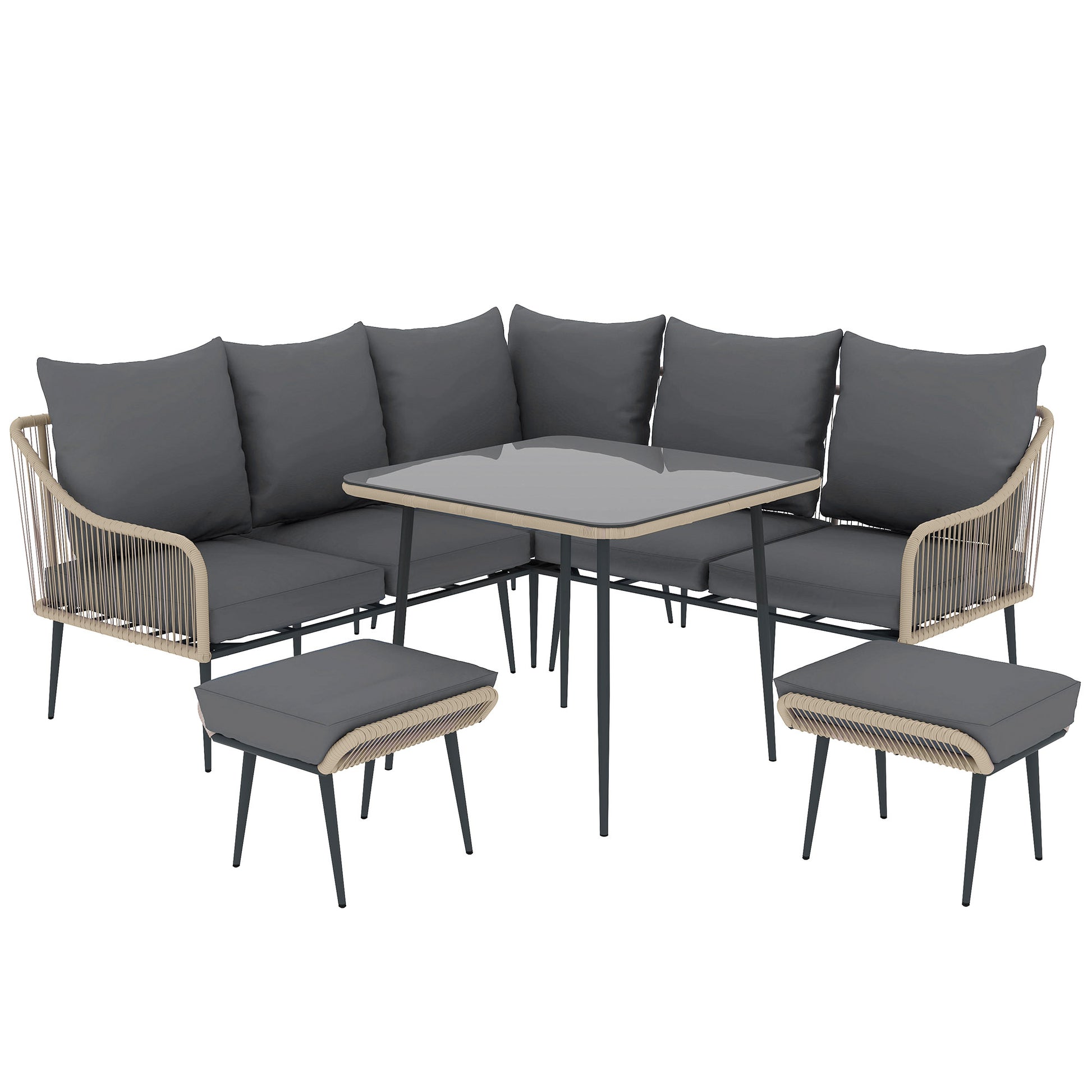 Outsunny Six-Piece Rattan Strong Garden Sofa Set with Tempered Glass-top Table - Brown/Grey