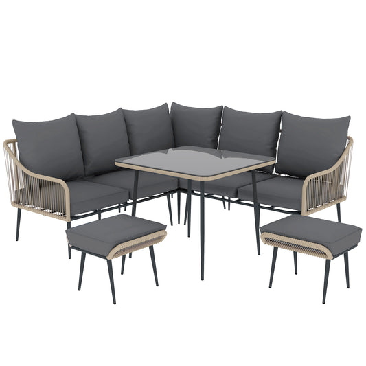 Outsunny Six-Piece Rattan Strong Garden Sofa Set with Tempered Glass-top Table - Brown/Grey