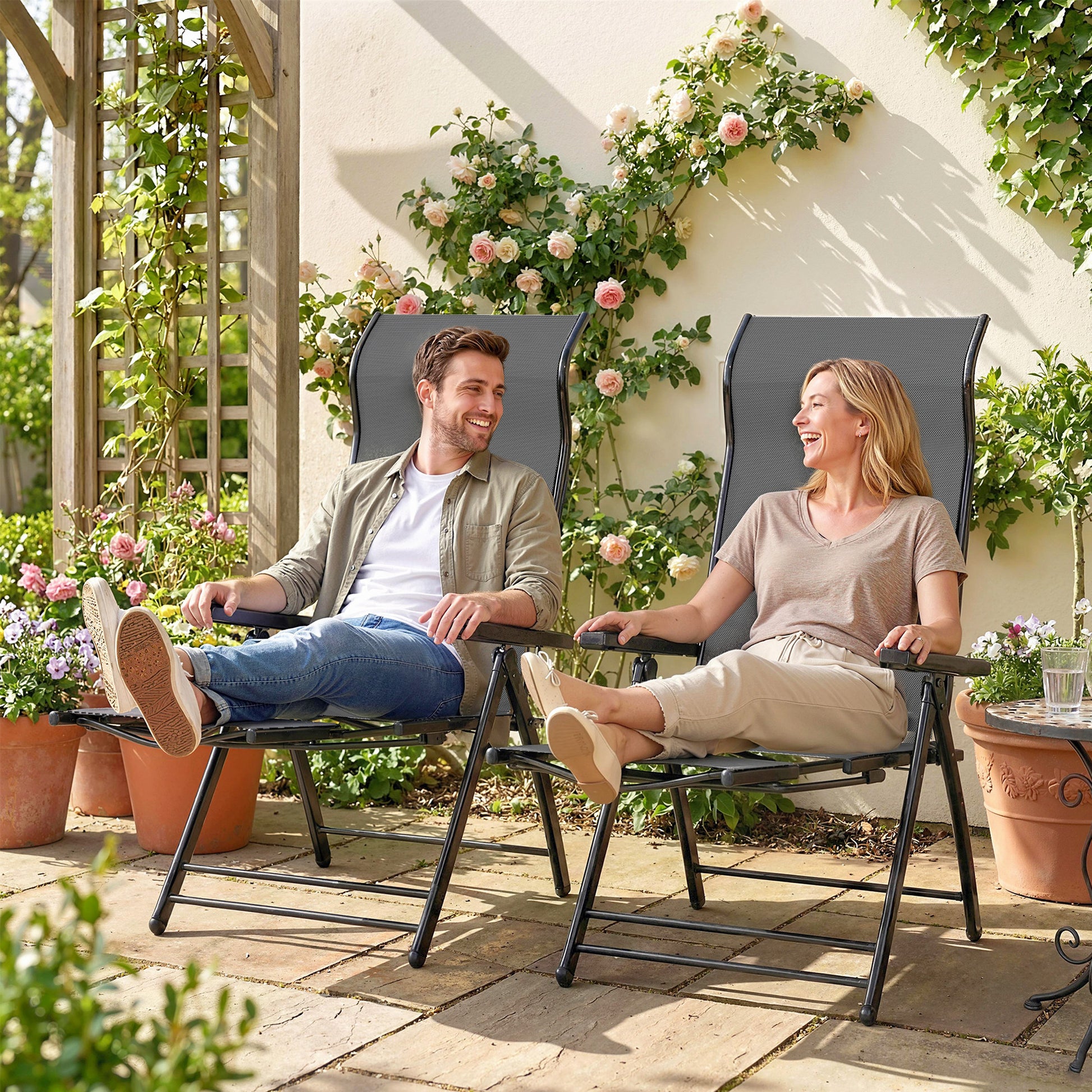 Outsunny Reclining Garden Chairs Set of 2 with High Back, Retractable Footrest, Dark Grey