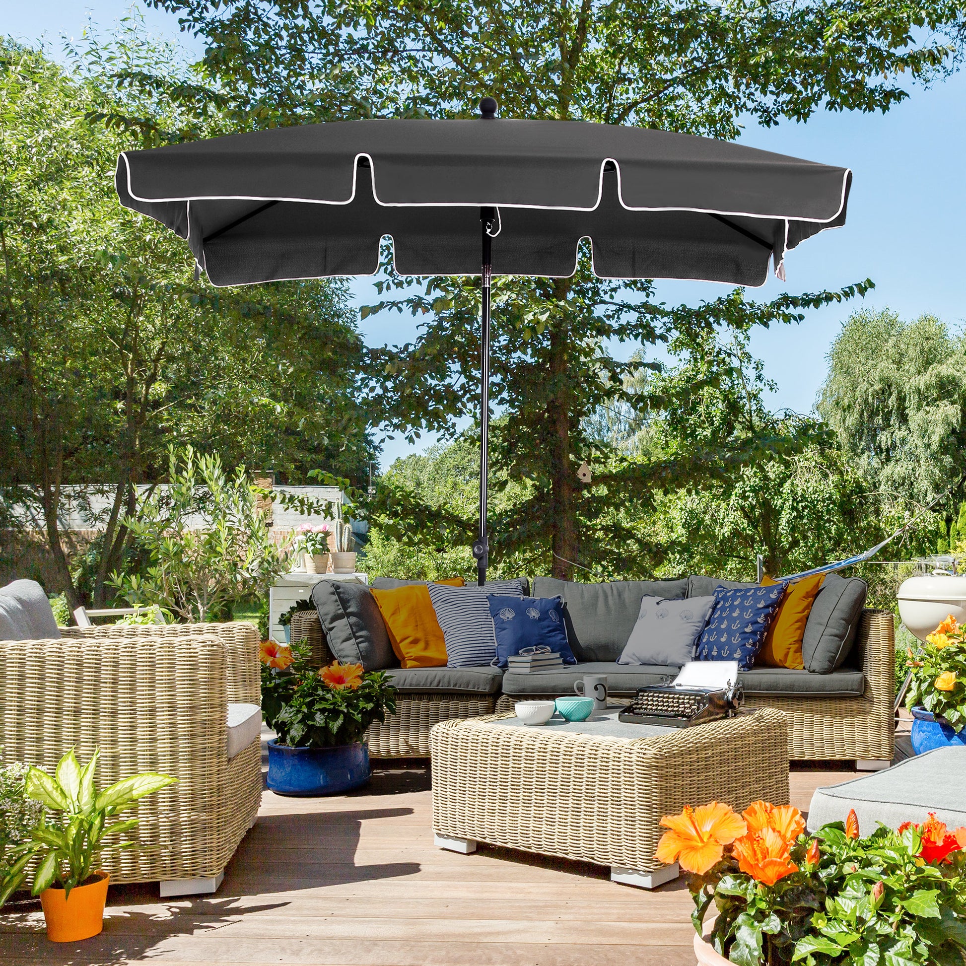 Garden Parasol Umbrella, Outdoor Market Table Umbrella with Ruffles & Aluminium Pole, Rectangular Tilting Parasol Sun Shade Canopy, 2 x 1.3m,