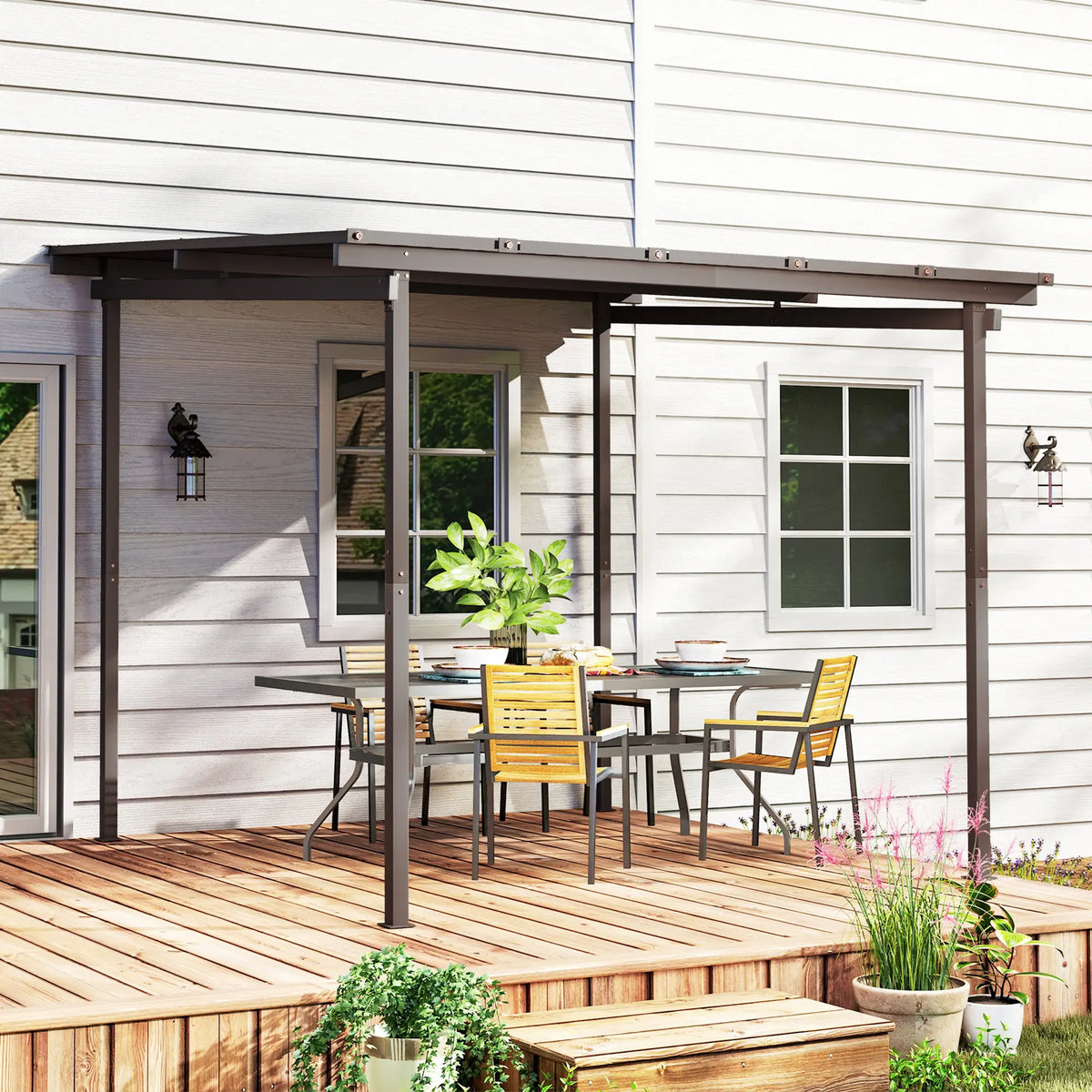 3m x 3m Lean – To Metal Pergola – Brown Wall Mounted Outdoor Patio Shade Shelter
