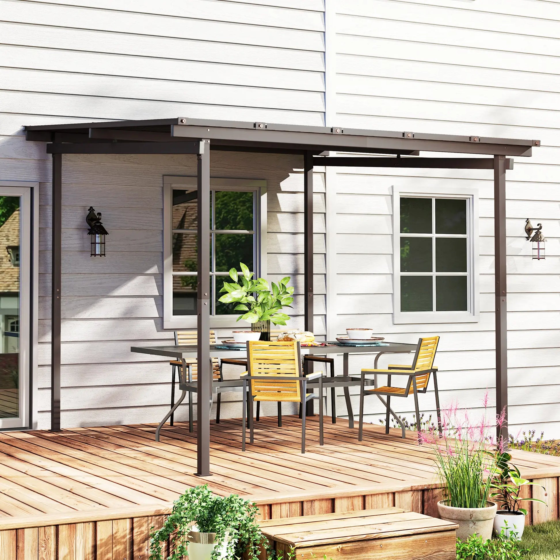 3m x 3m Lean – To Metal Pergola – Brown Wall Mounted Outdoor Patio Shade Shelter