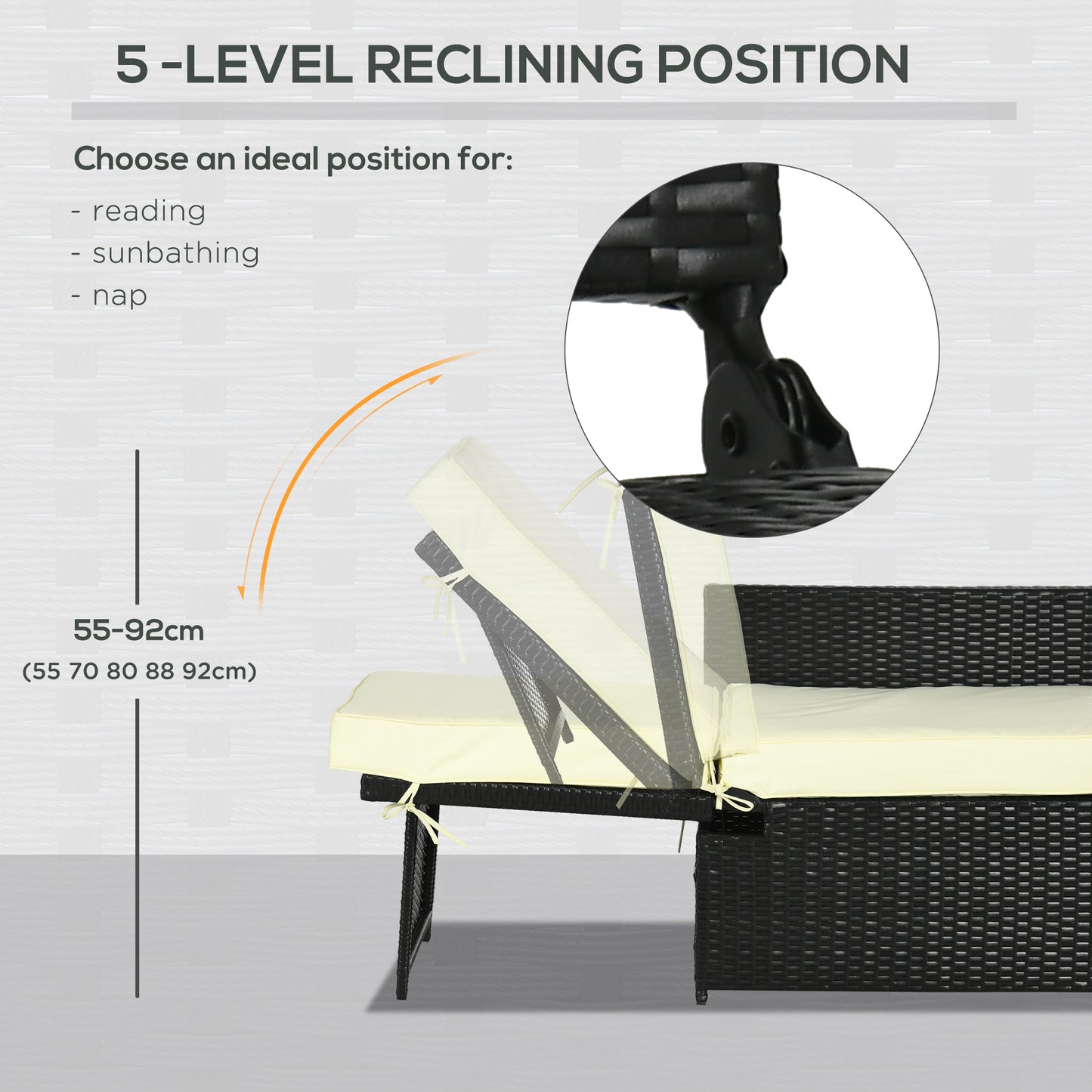 Outsunny 5PC PE Rattan Sun Lounger, 5-level Adjustable Recliner Sofa Bed with Storage Side Table and Footstools, Black