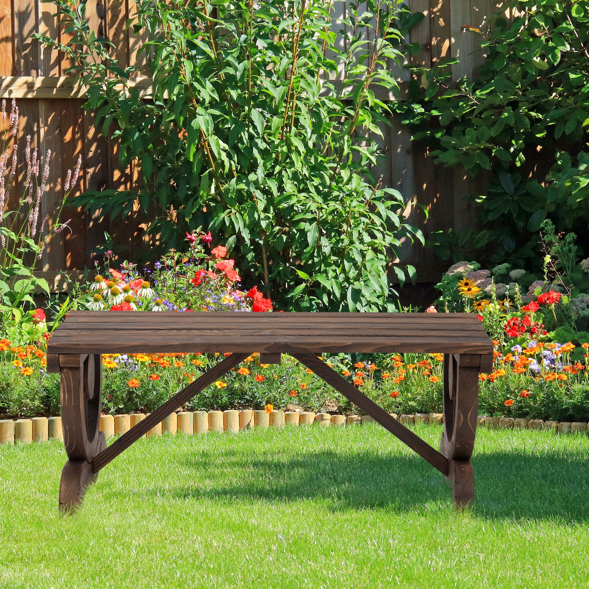 Mediterraneo Garden Rustic Wooden Bench Wheel-Shaped Legs Slatted Seat Stable Reinforced Structure Garden 2-Person