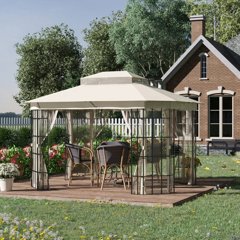 3.65m x 3m Round Hardtop Garden Gazebo with Mesh Netting & Double-Tier Roof