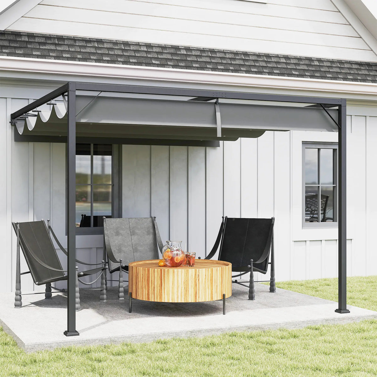 3m x 3m Lean – To Pergola – Grey Retractable Canopy Roof, Wall Mounted Outdoor Patio Shade Shelter