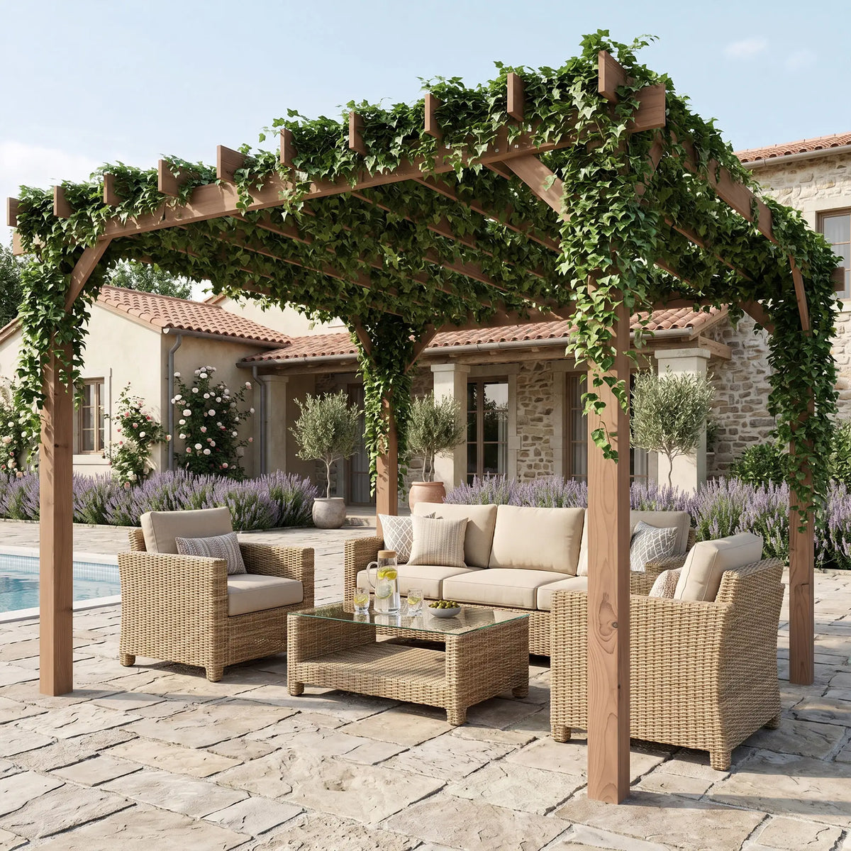 3m x 3m Wooden Pergola Kit – Maple Wood – Effect Garden Pergola with Grape Trellis Roof and Triangle Supports