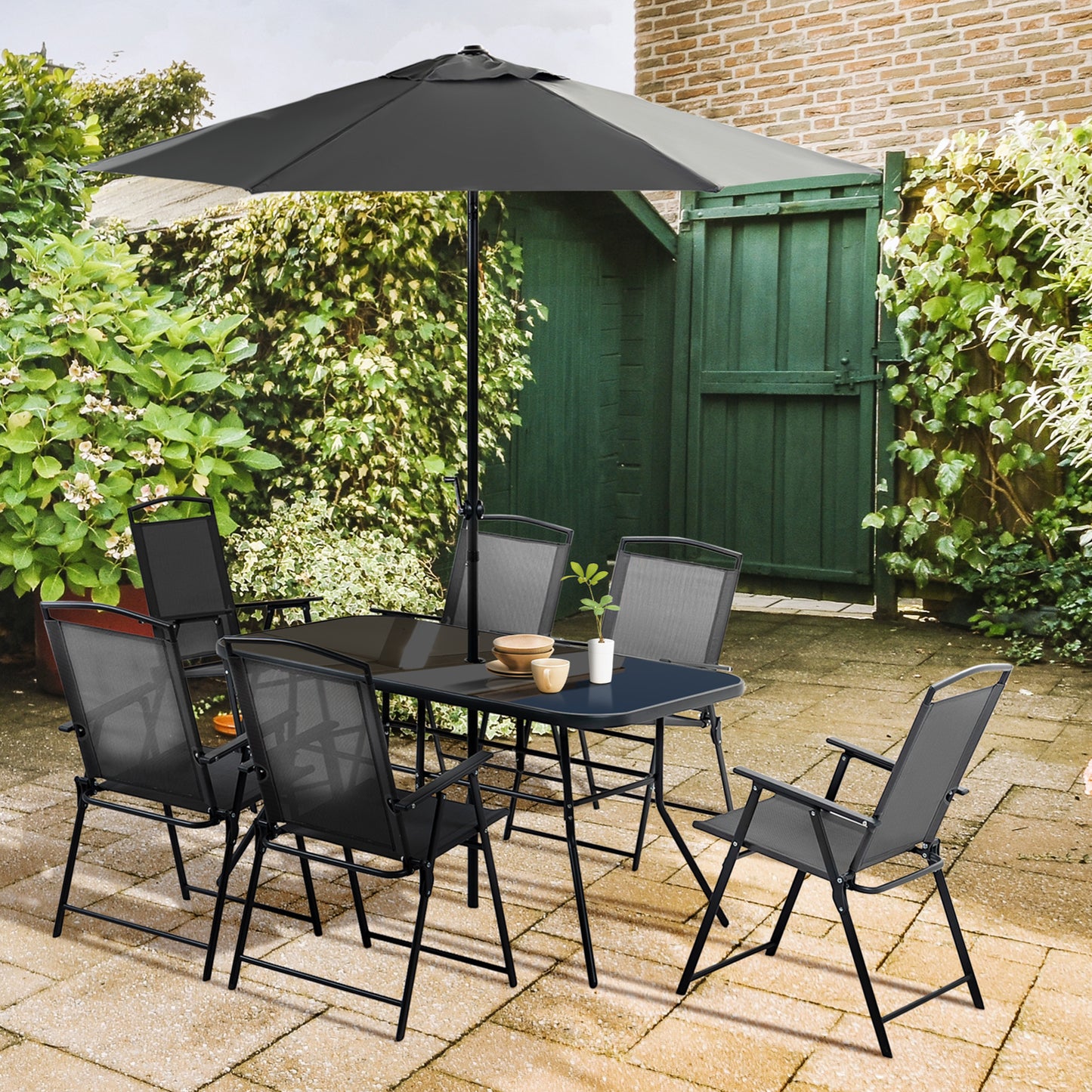 Marbella Eight-Piece Garden Dining Set, with Chairs, Table and Parasol - Black