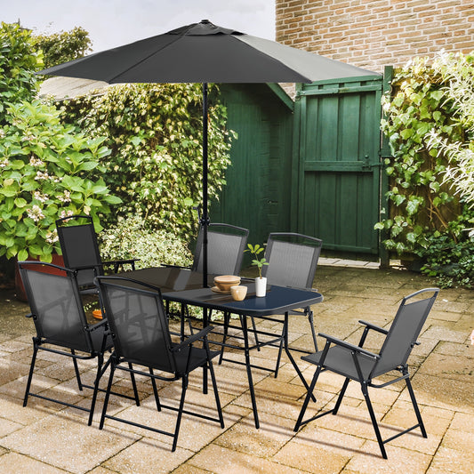 Marbella Eight-Piece Garden Dining Set, with Chairs, Table and Parasol - Black