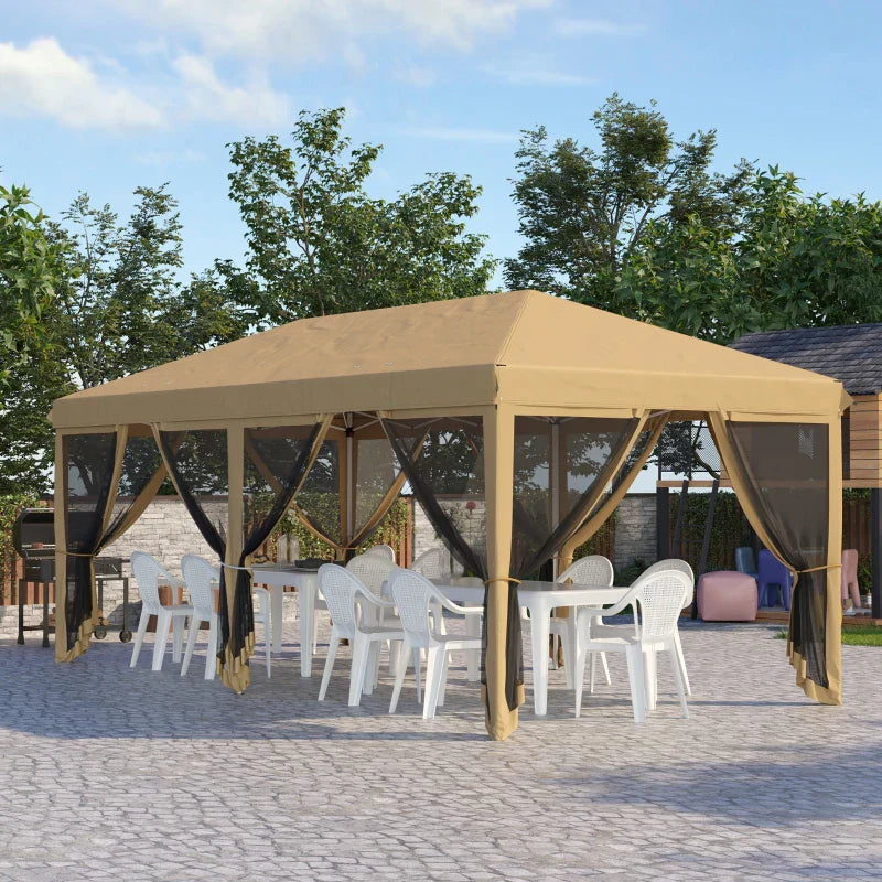 Beige 6m x 3m Pop Up Gazebo Marquee – Portable Garden Event Shelter with Mesh Curtain