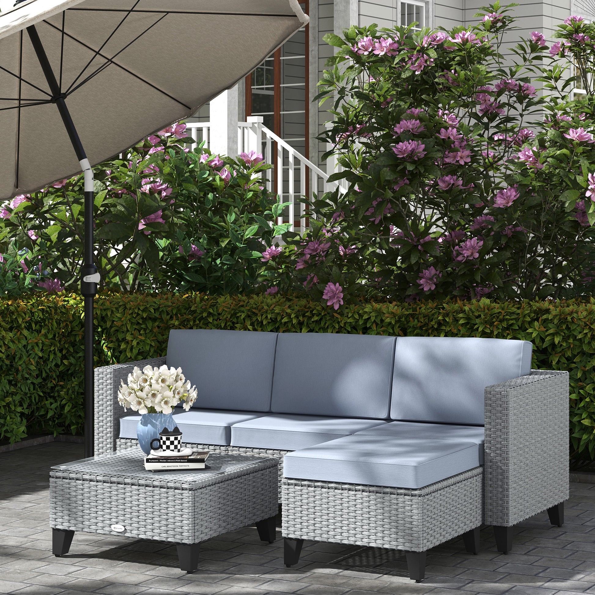 Verona 5-Piece Rattan Garden Furniture Set with Corner Sofa, Footstools, Coffee Table, for Poolside, Grey