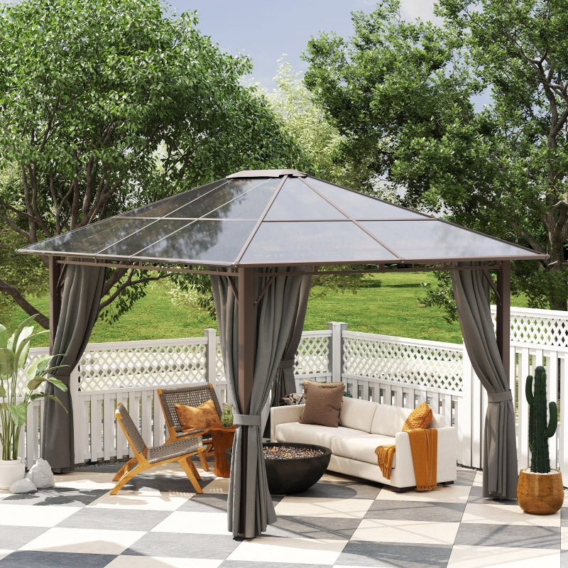 Dark Grey 3m x 3.6m Hardtop Gazebo – Polycarbonate Roof Garden Pavilion with Removable Privacy Curtains