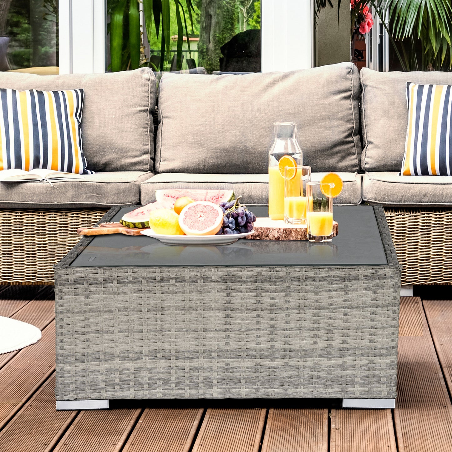 Capri Square PE Wicker Rattan Table, with Glass Top - Light Grey