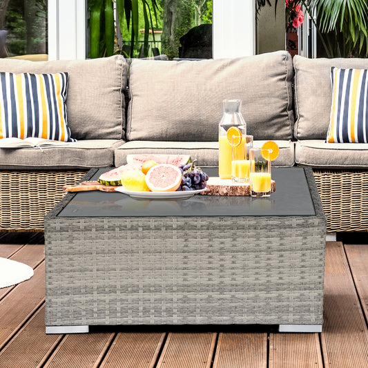 Capri Square PE Wicker Rattan Table, with Glass Top - Light Grey