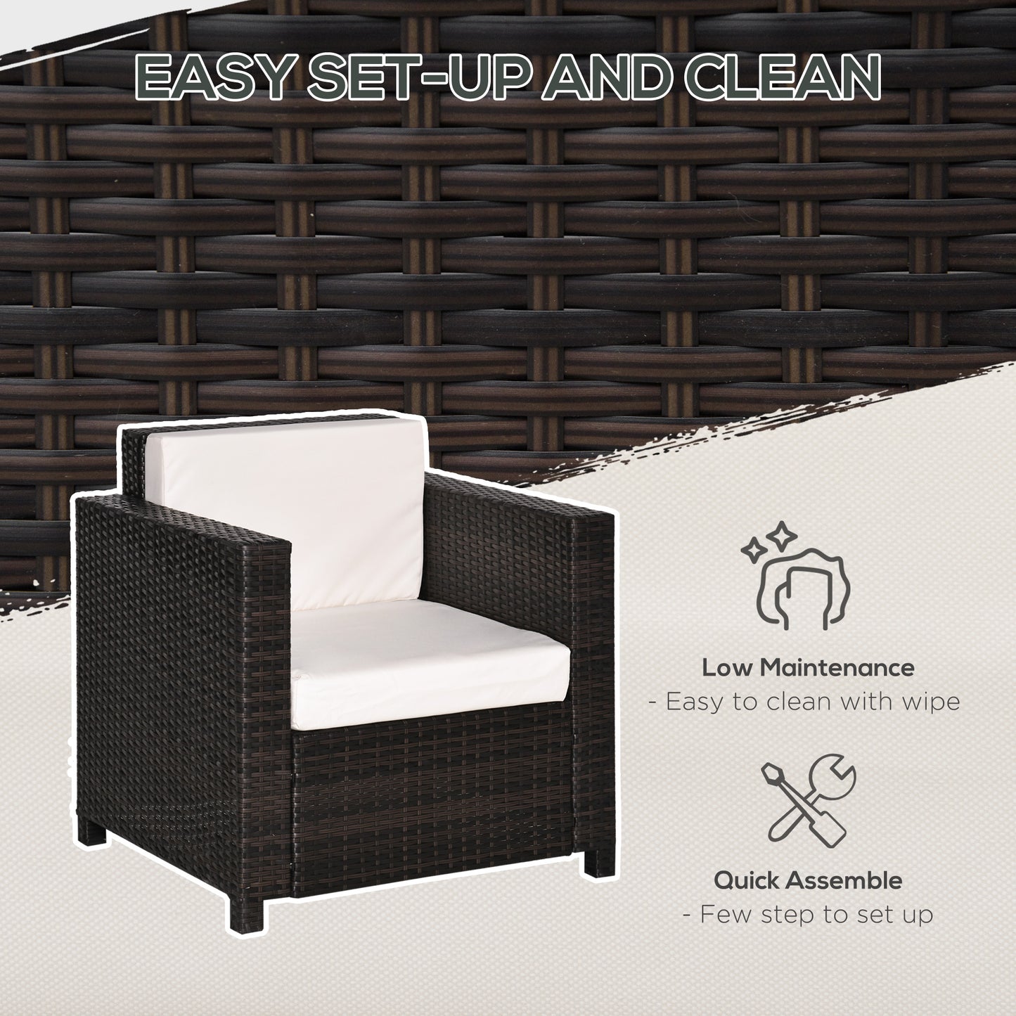 Outsunny Single Seater Rattan Chair, PE Wicker Garden Armchair with 10 cm Thickened Cushion, All-Weather Rattan Garden Chair with Armrests, Brown
