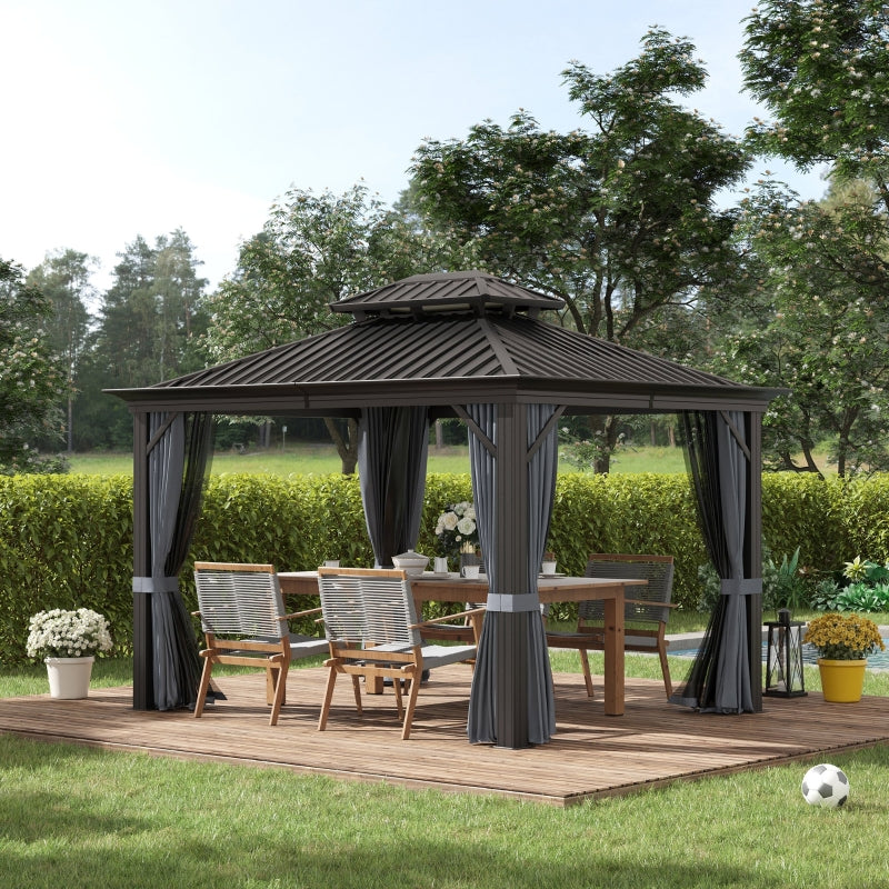 Grey 3.65m x 3m Premium Hardtop Gazebo with Double-Tier Roof, Aluminium Frame, Curtains & Removable Mesh Screens