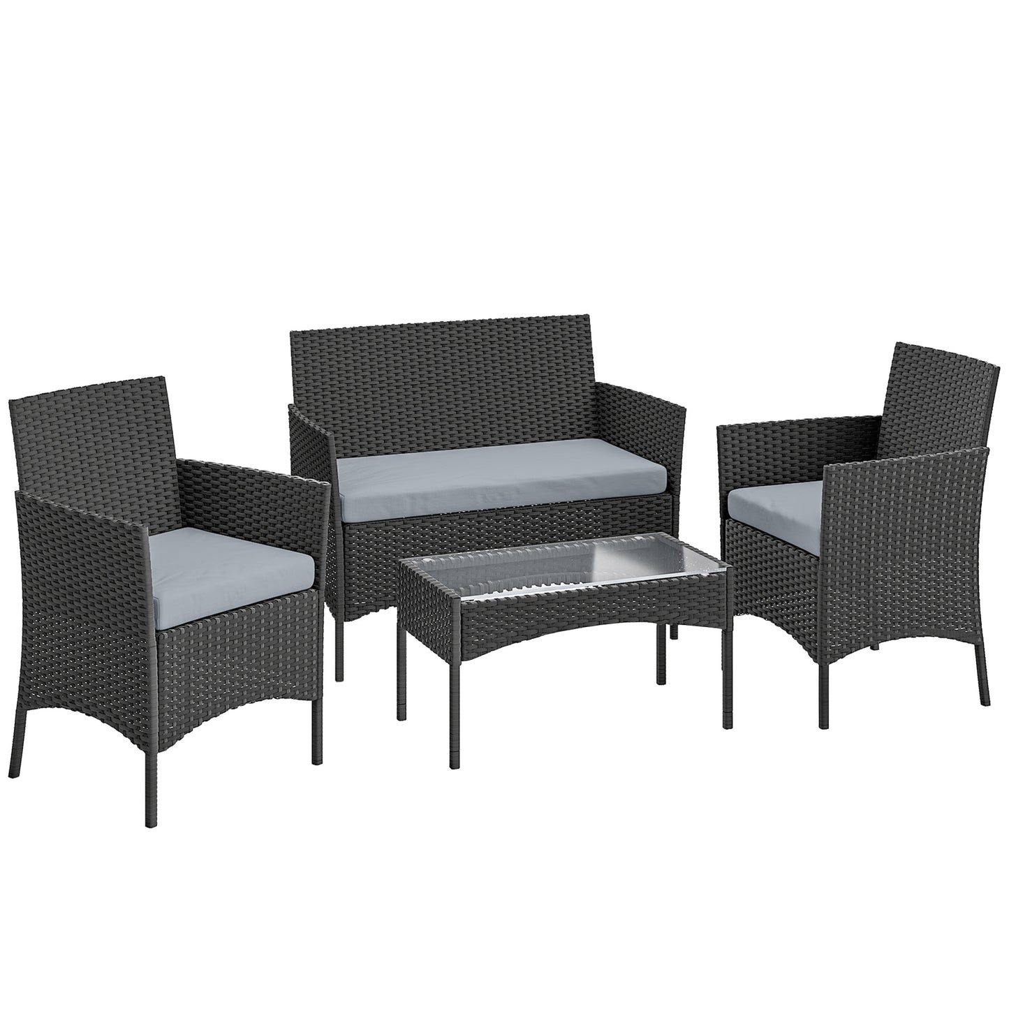Outsunny 4 Piece Rattan Garden Furniture Sofa Set with Loveseat, Armchairs, Glass-Top Coffee Table and Cushions, Black