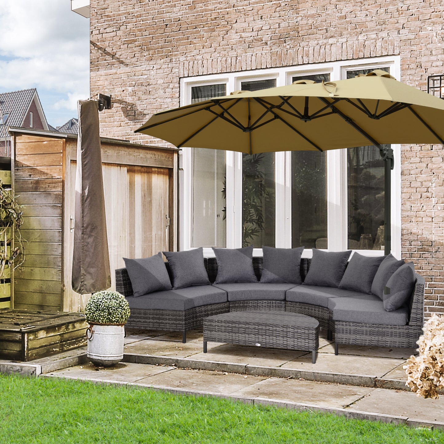 Mediterraneo 5 Piece Rattan Garden Furniture Set, 4 Seater Half-Round Garden Sofa Set with Thickened Cushions