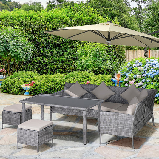 Riviera 6-Seater Rattan Dining Set Sofa Table Footstool Outdoor w/ Cushion Garden Furniture