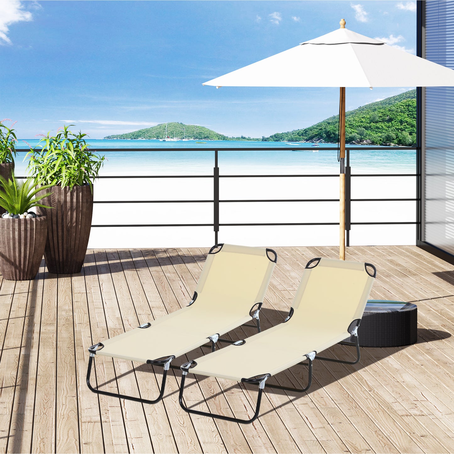 2 Piece Foldable Sun Loungers with 5-Position Adjustable Backrest, Outdoor Portable Recliner Chaise Lounge Chairs with Breathable Mesh Fabric,