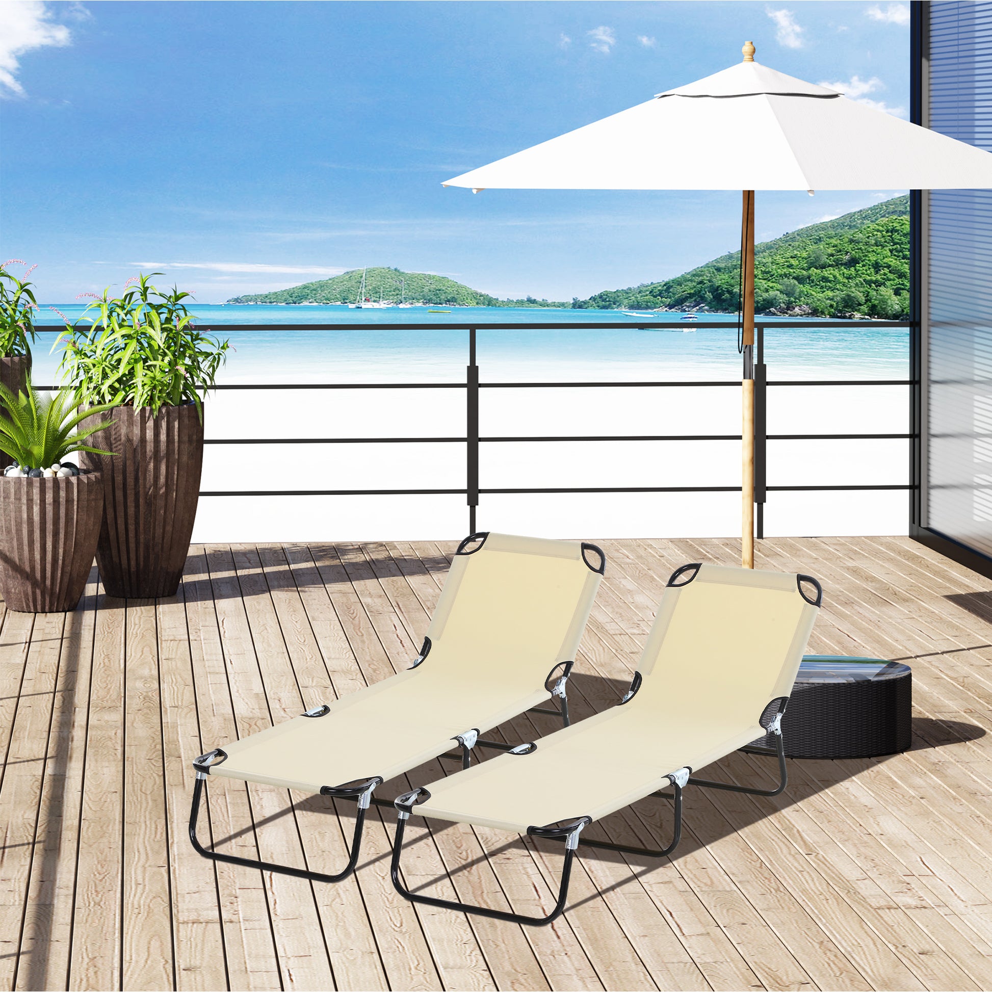 2 Piece Foldable Sun Loungers with 5-Position Adjustable Backrest, Outdoor Portable Recliner Chaise Lounge Chairs with Breathable Mesh Fabric,