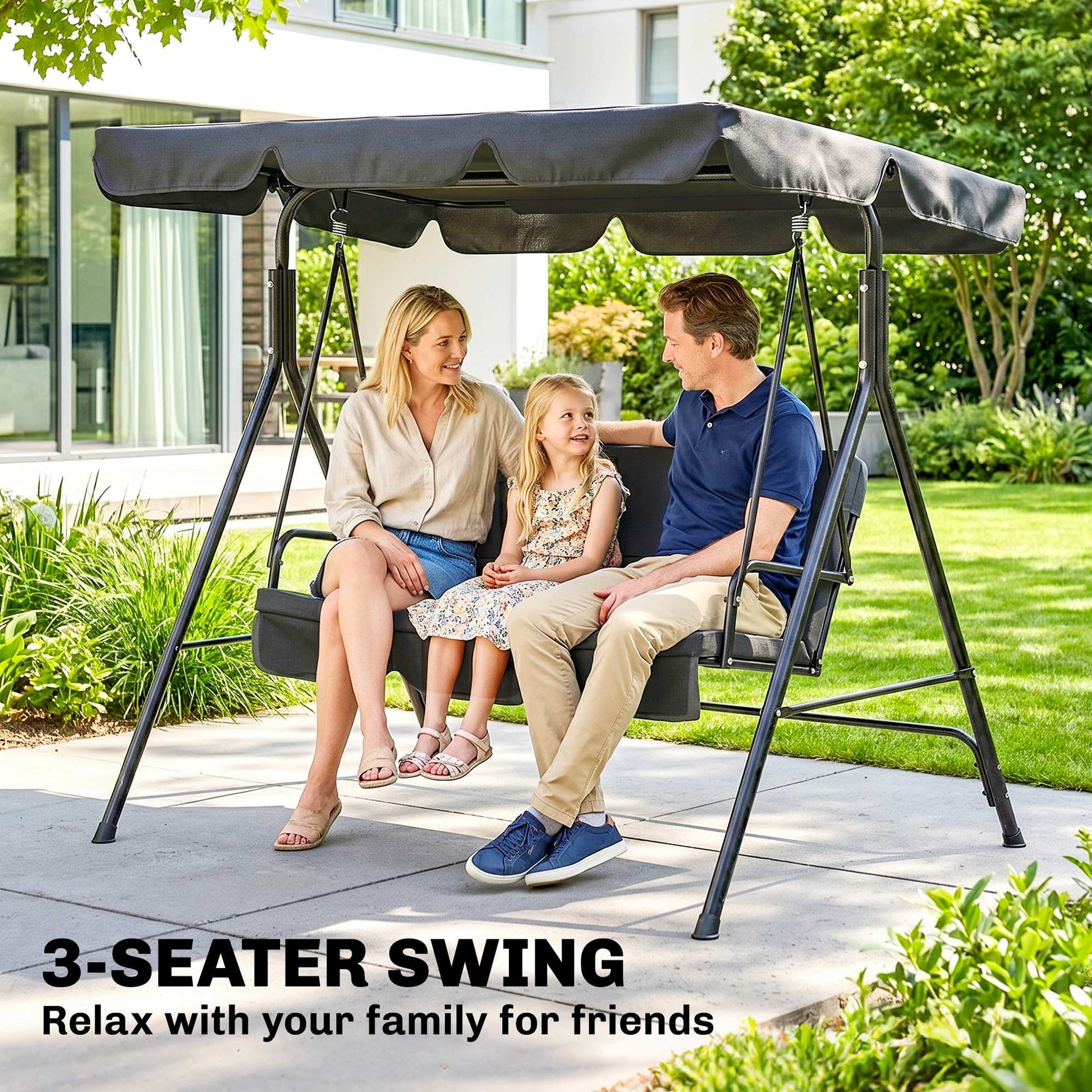 Outsunny Three-Seater Garden Swing Chair, with Adjustable Canopy - Black