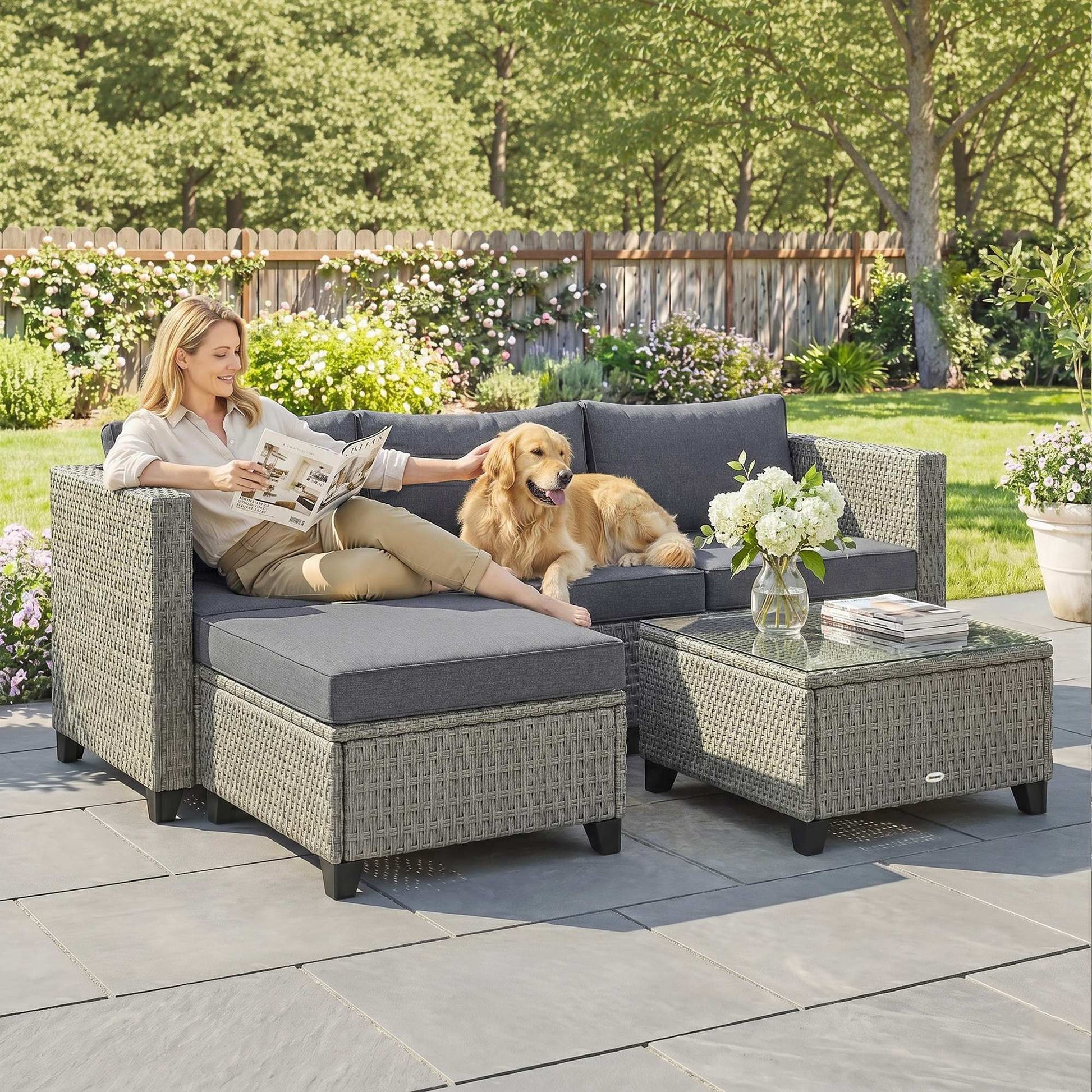 Outsunny 5-Piece Rattan Patio Furniture Set with Corner Sofa, Footstools, Coffee Table, for Poolside, Dark Grey