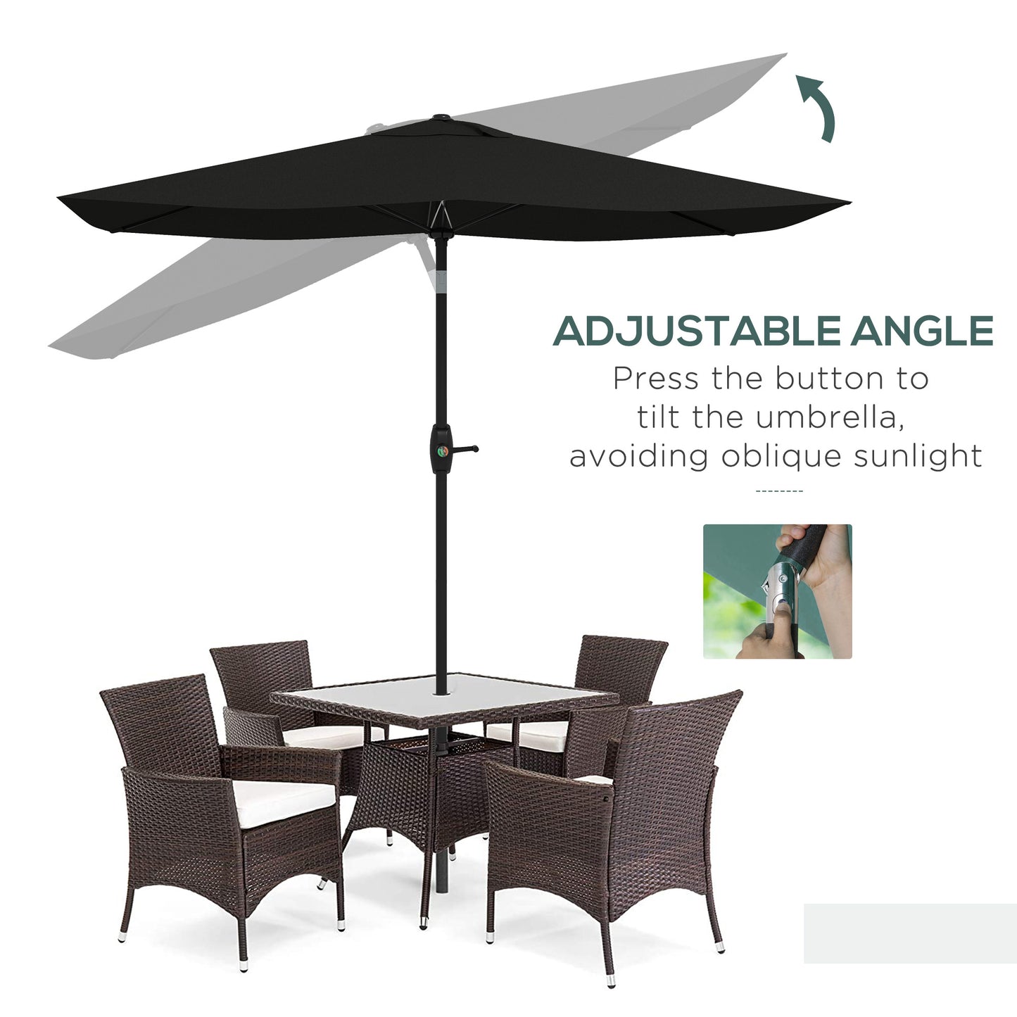 Outsunny 3 x 2 m Garden Parasol Umbrella with Aluminium Pole, UPF 50+ Rectangular Outdoor Table Parasol Sun Shade with Crank & Push Button Tilt, Metal Ribs, Black