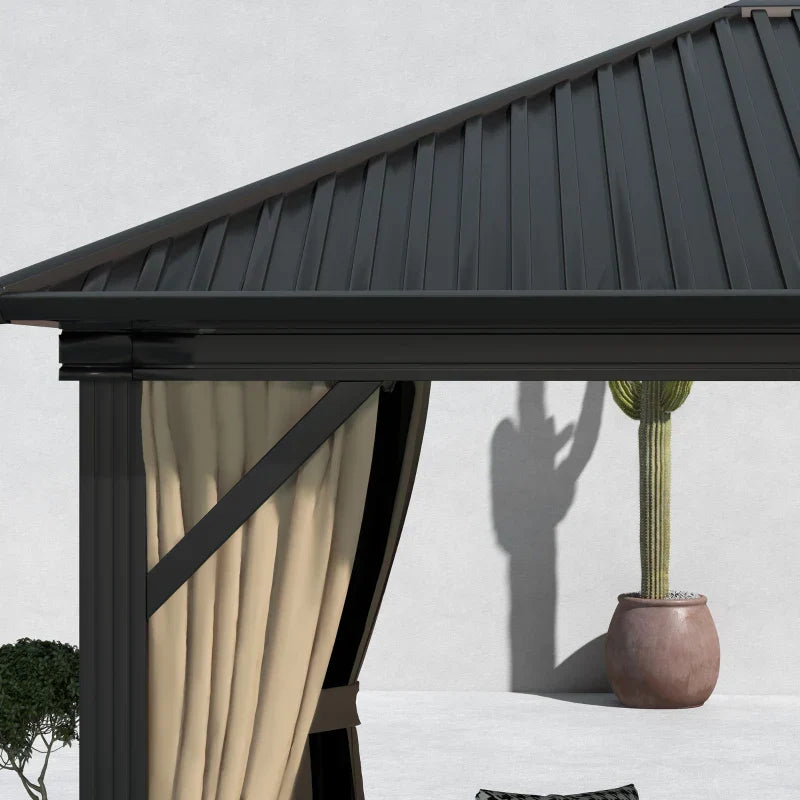 Brown 3.6m x 3m Aluminium Hardtop Gazebo - Durable Garden Shelter with Privacy Curtains