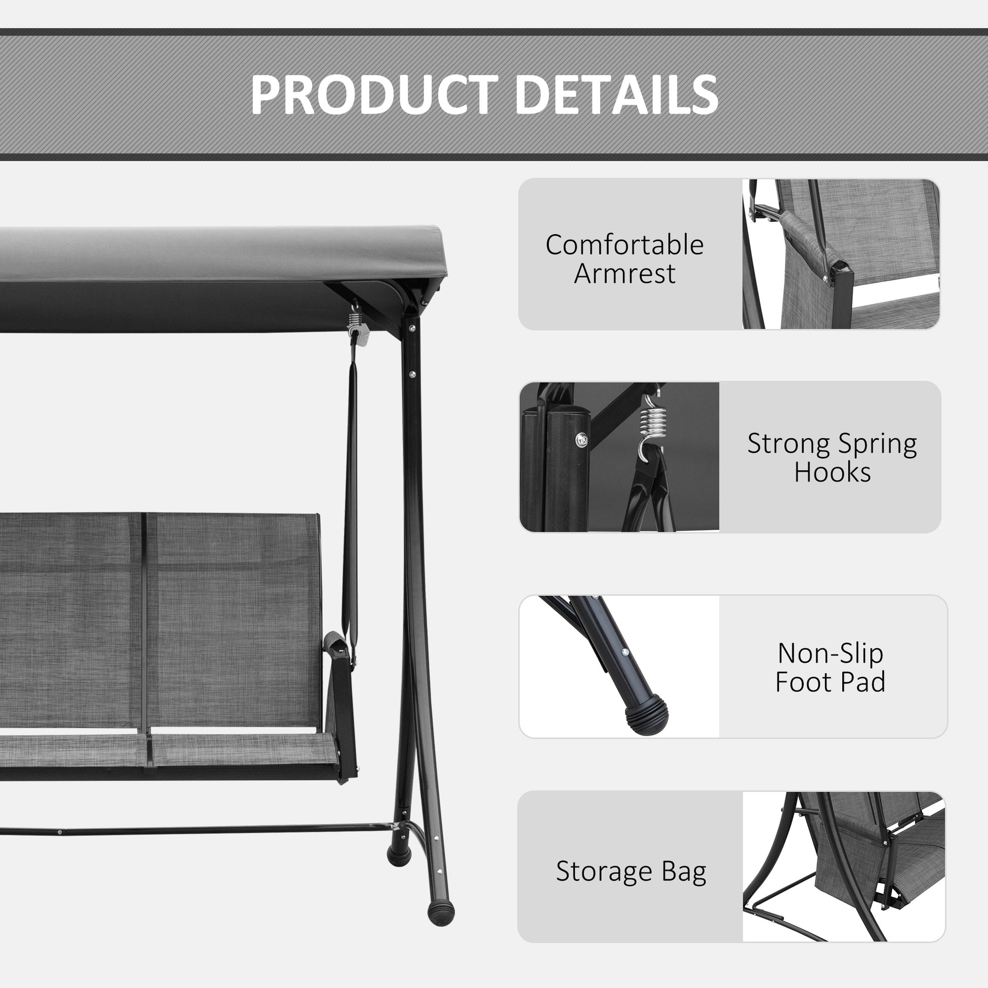Outsunny 3 Person Outdoor Patio Porch Swing Chair with High Back Design and Side Pouches, Charcoal Grey