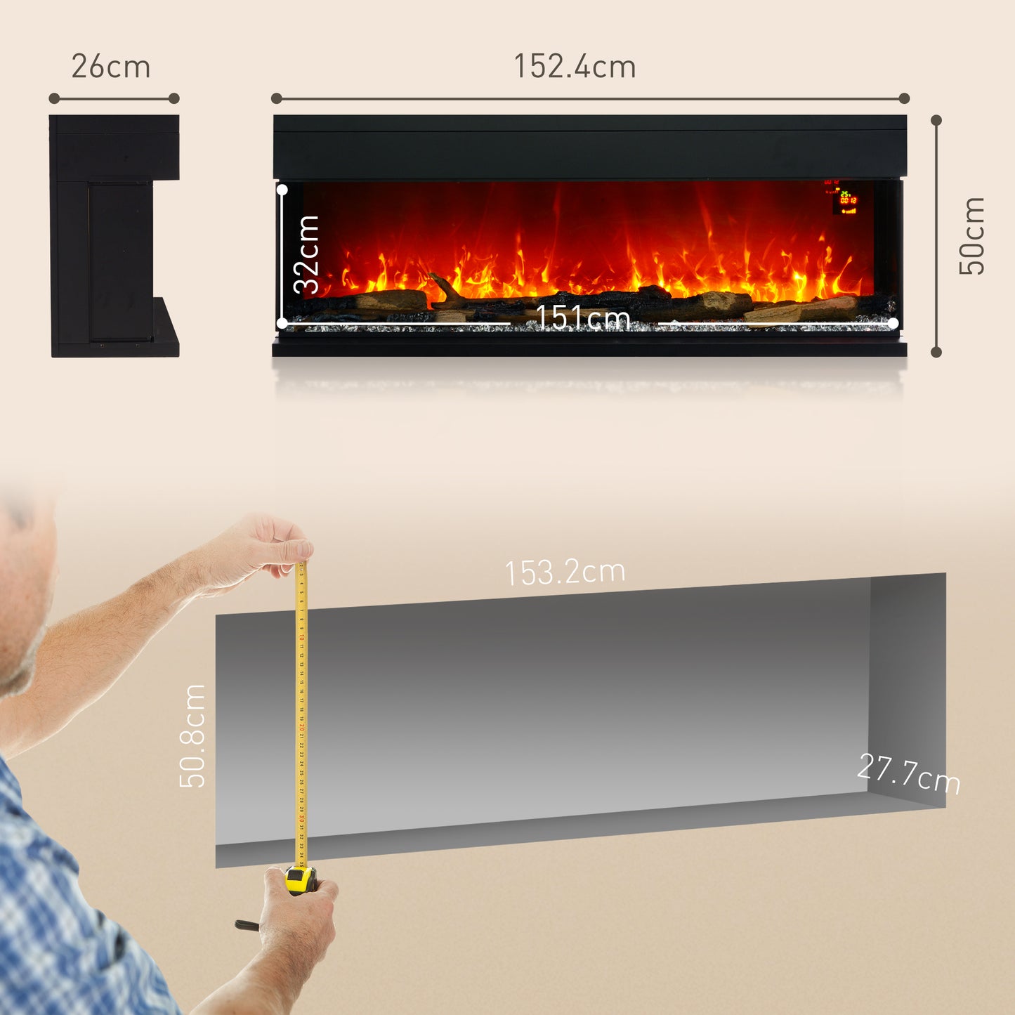 HOMCOM 1800W 15-40°C Adjustable Flame Glass Panel Convector Heater, 152cm