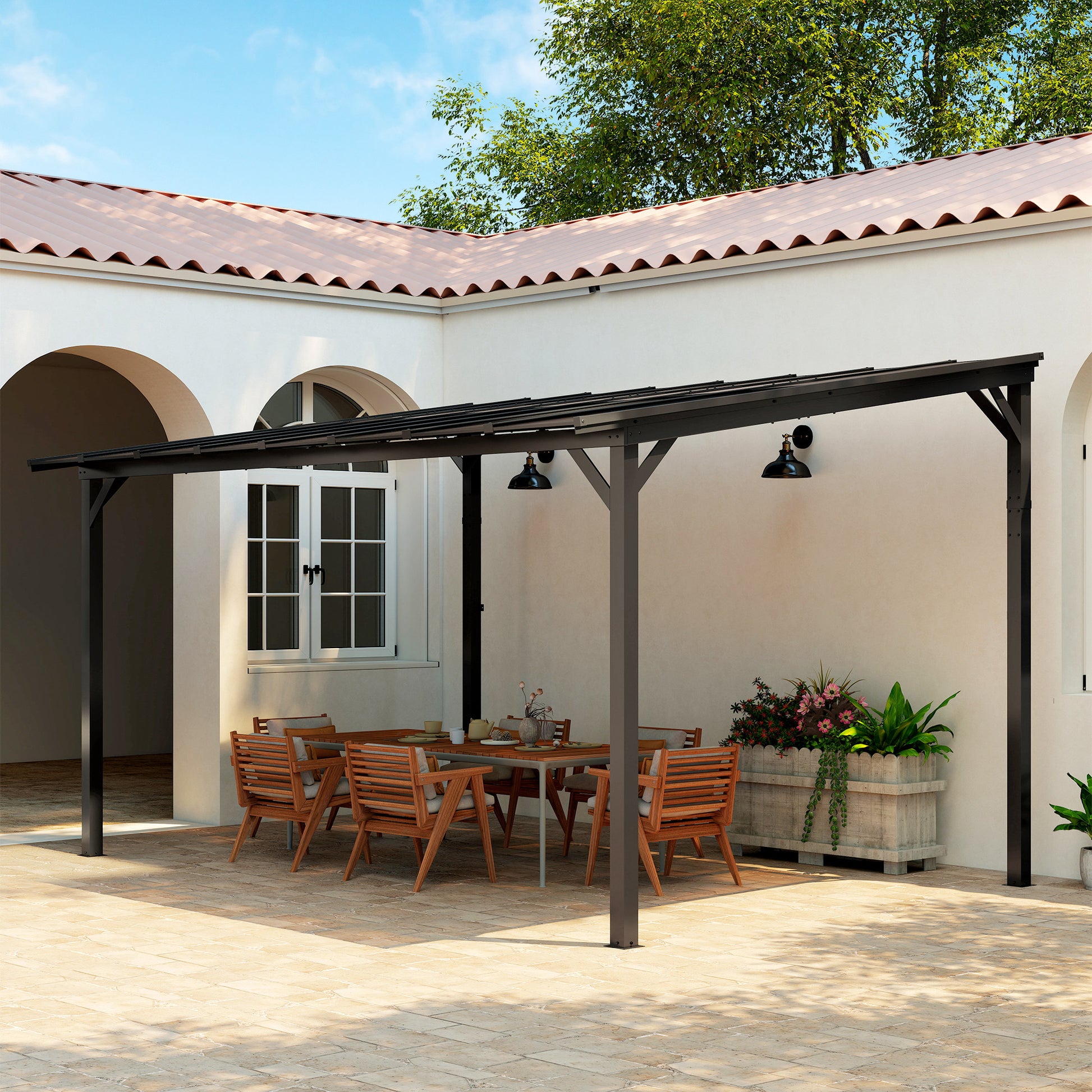 Outsunny 3 x 4.3 m Lean to Pergola with UPF 50+ Waterproof Polycarbonate Roof, Wall-Mounted or Free Standing Hardtop Roof Garden Metal Pergola Gazebo, Heavy Duty Outdoor Sun Shade, Dark Grey