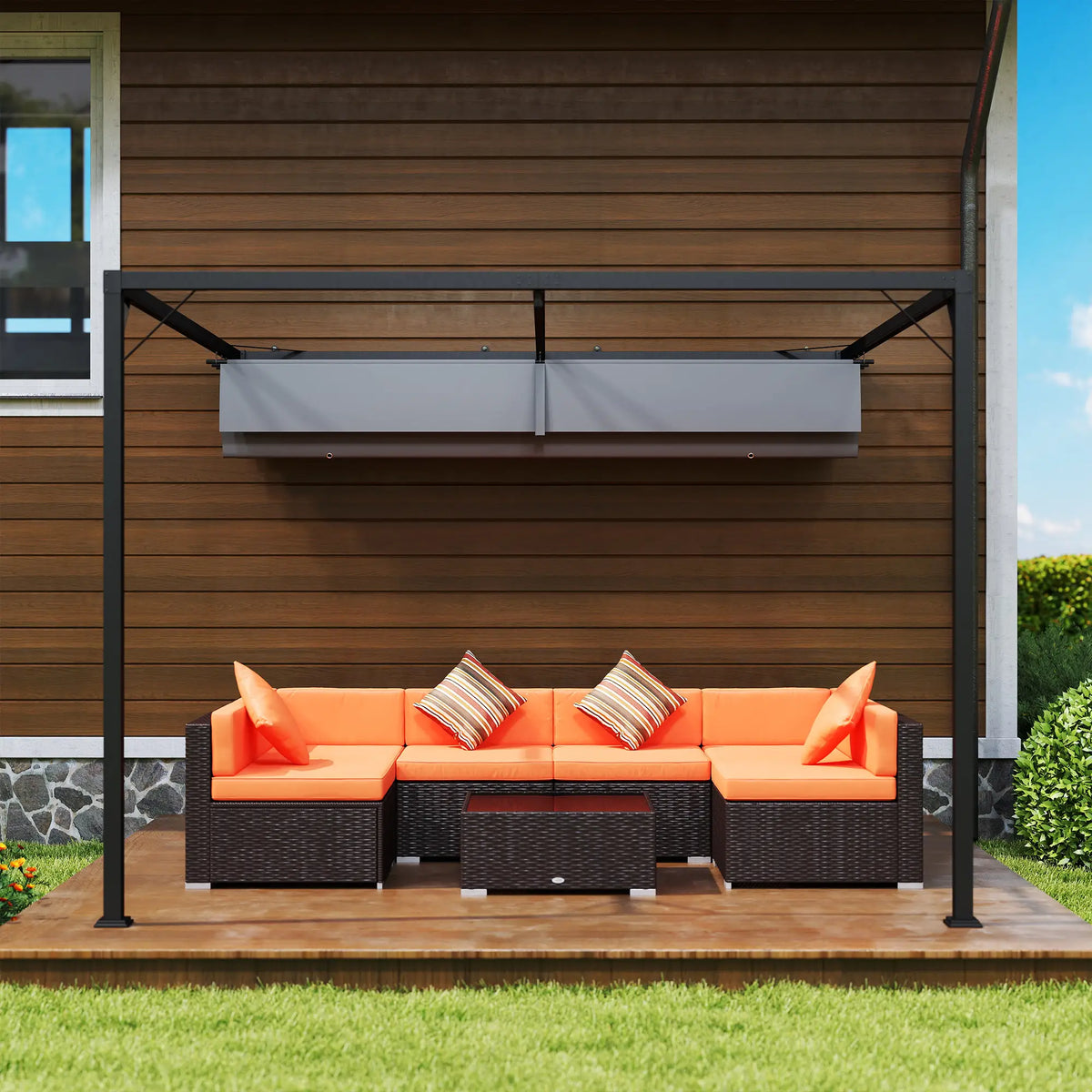 3m x 3m Lean – To Pergola – Grey Retractable Canopy Roof, Wall Mounted Outdoor Patio Shade Shelter