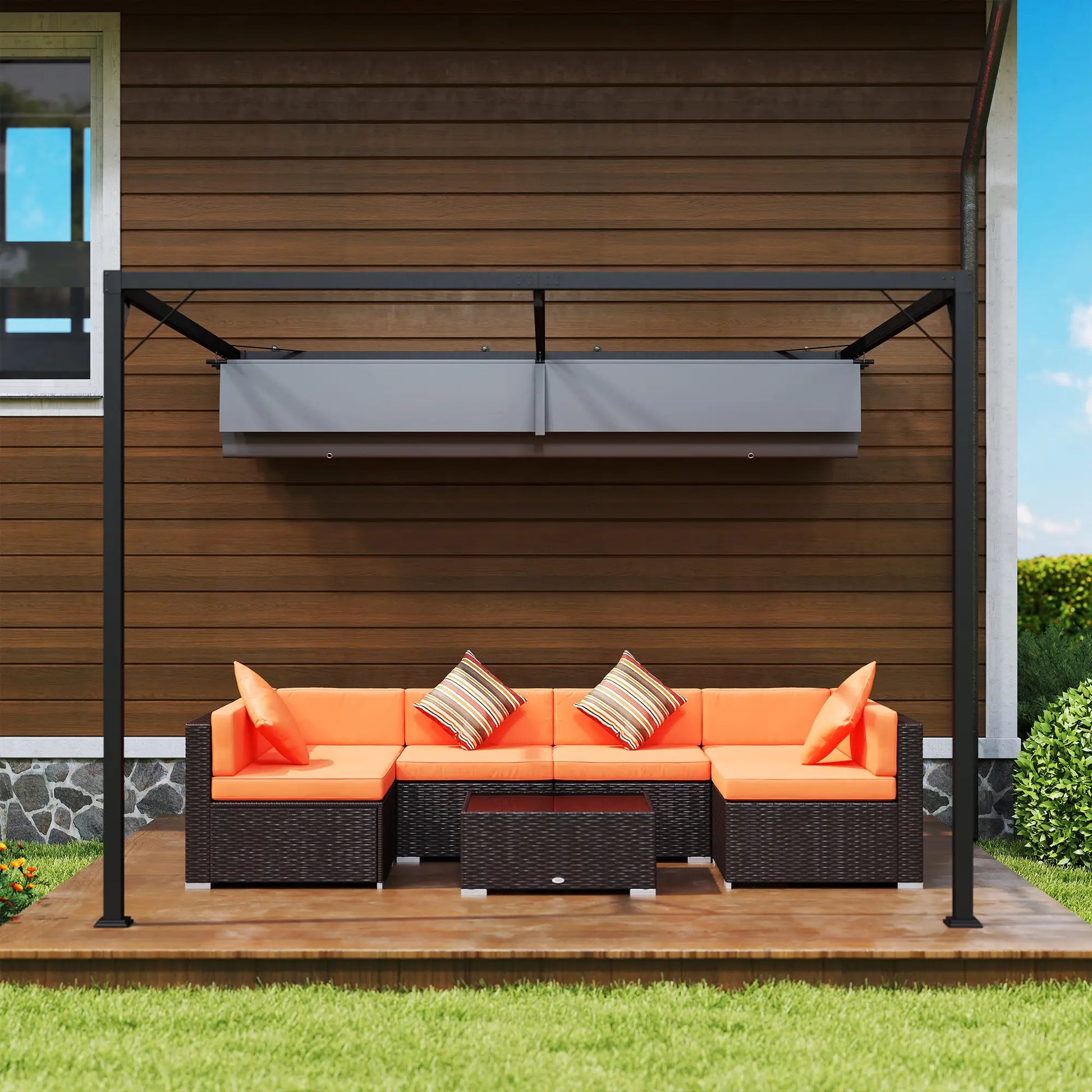 3m x 3m Lean – To Pergola – Grey Retractable Canopy Roof, Wall Mounted Outdoor Patio Shade Shelter