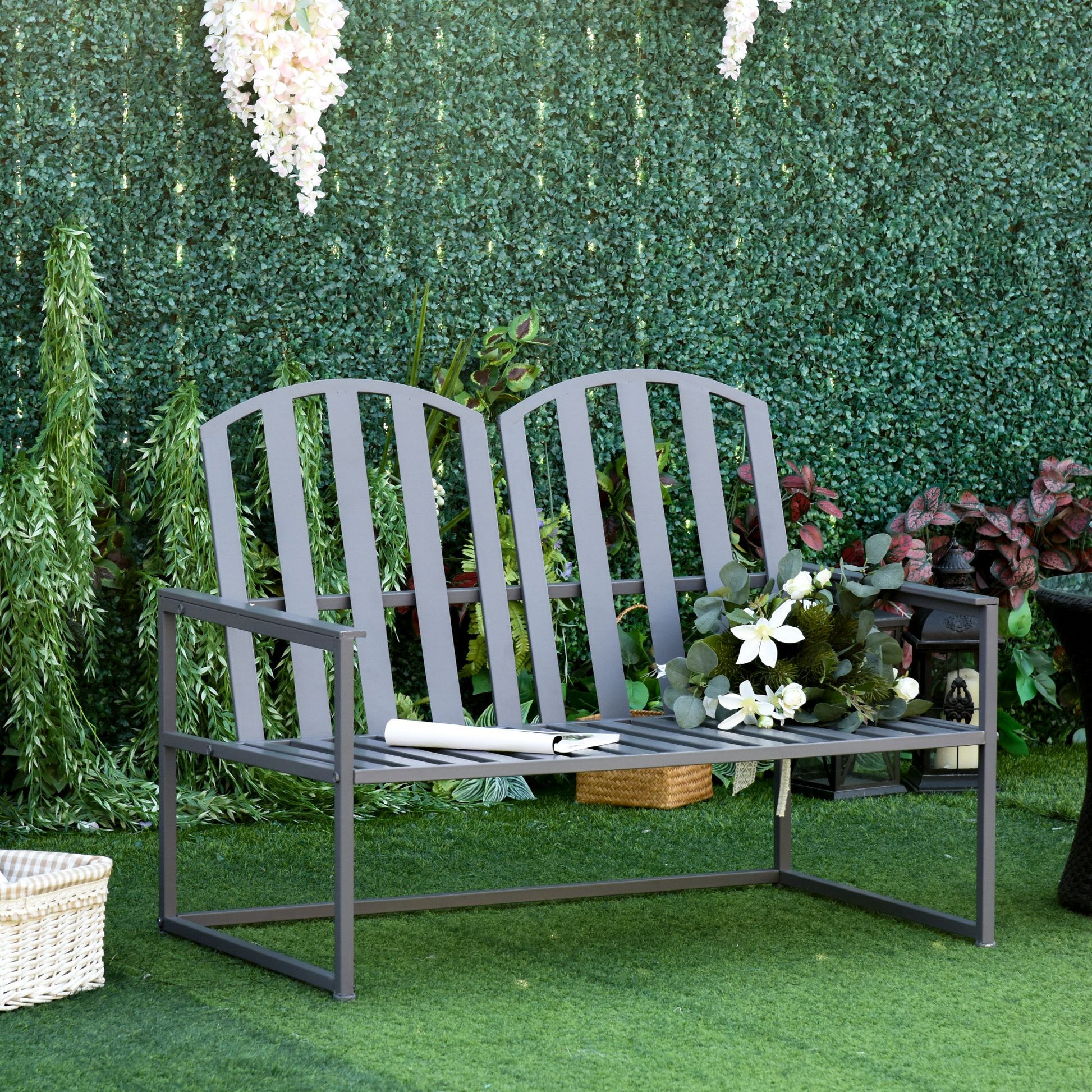 Tivoli Steel Patio Garden Bench Loveseats for Outdoors Park Yard Slatted Design Grey