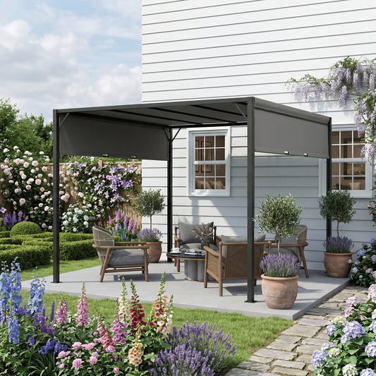 3 X 3 Meters Pergola with Sliding Roof, Garden Gazebo with Adjustable Sun Shade Canopy and Steel Frame