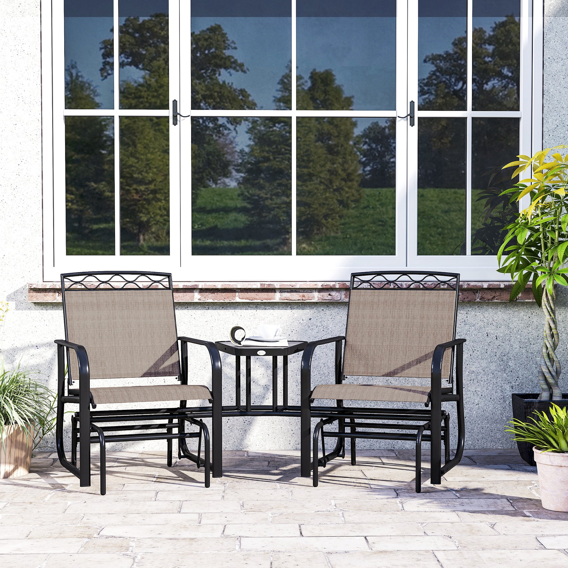 Outsunny Double Outdoor Glider Chair, 2 Seater Patio Rocking Chairs, Swing Bench with Tempered Glass Table, Breathable Mesh Fabric for Backyard, Garden, Porch, Brown