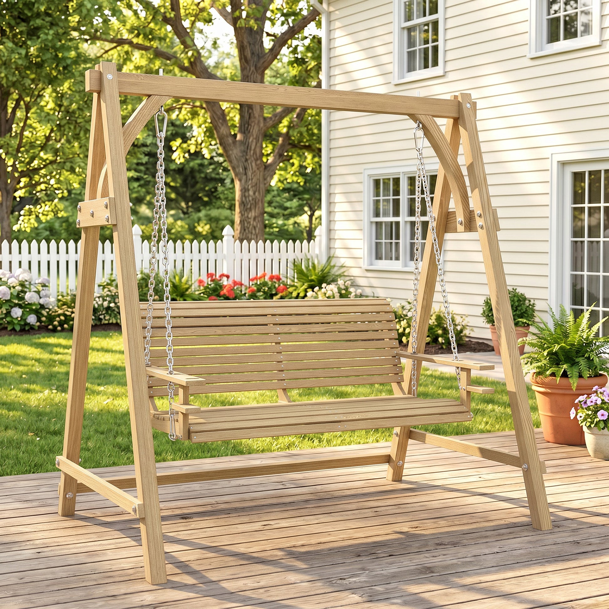 Tivoli 2 Seater Garden Swing Seat, Wooden Swing Chair Bench with Cup Holders Porch Patio, Natural