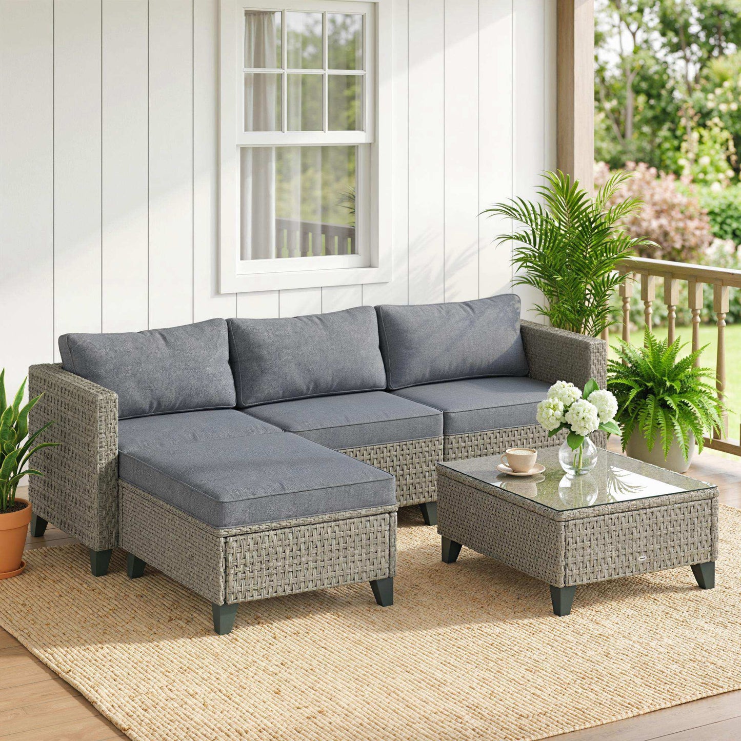 Riviera 5-Piece Rattan Garden Furniture Set with Corner Sofa, Footstools, Coffee Table, for Poolside, Dark Grey