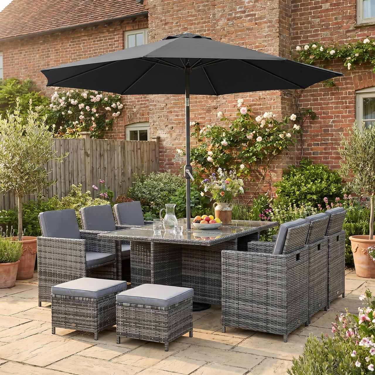 3(m) Tilting Parasol Garden Umbrellas, Outdoor Sun Shade with 8 Ribs, Tilt and Crank Handle for Balcony