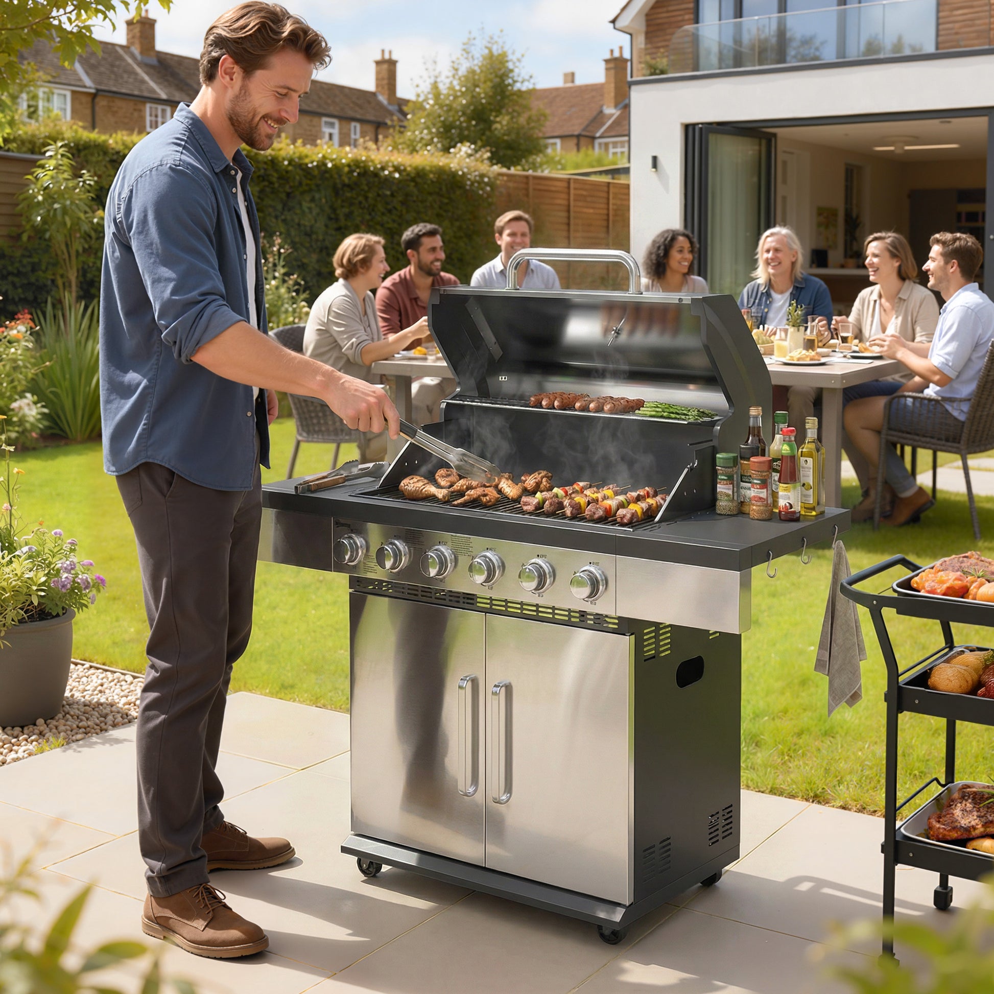 6 Burner Liquid Propane Gas BBQ, Outdoor Portable Gas BBQ with Warming Rack, Side Tables